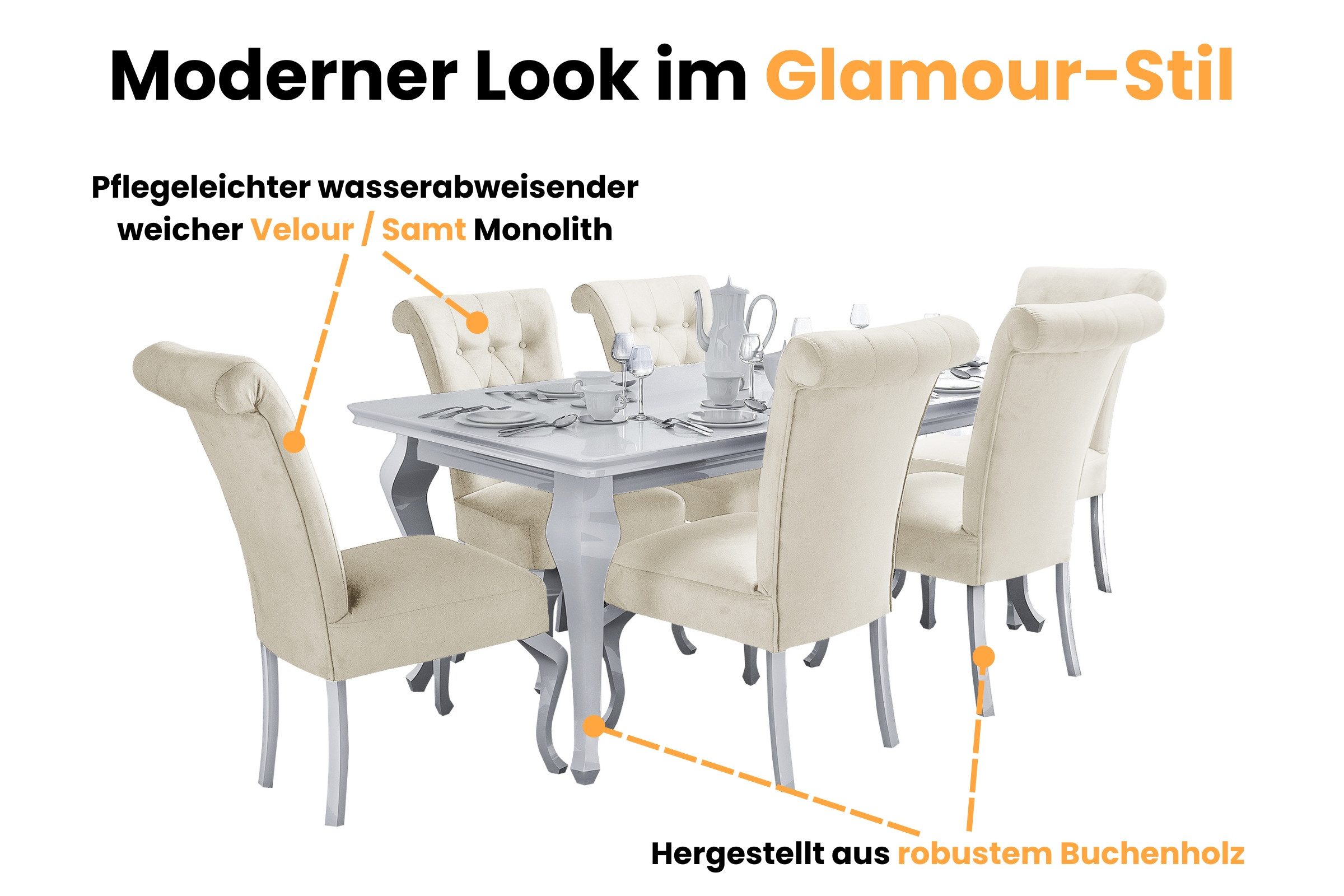 Deine Möbel 24 Essgruppe LUISE Tischgruppe Glamour Tisch mit 4 / 6 Stühlen Esszimmer, (Graphit Anthrazit Dunkelgrau Grau Beige Schwarz, 7-tlg., Wohnzimmer, Esst – Bild 4 von 5
