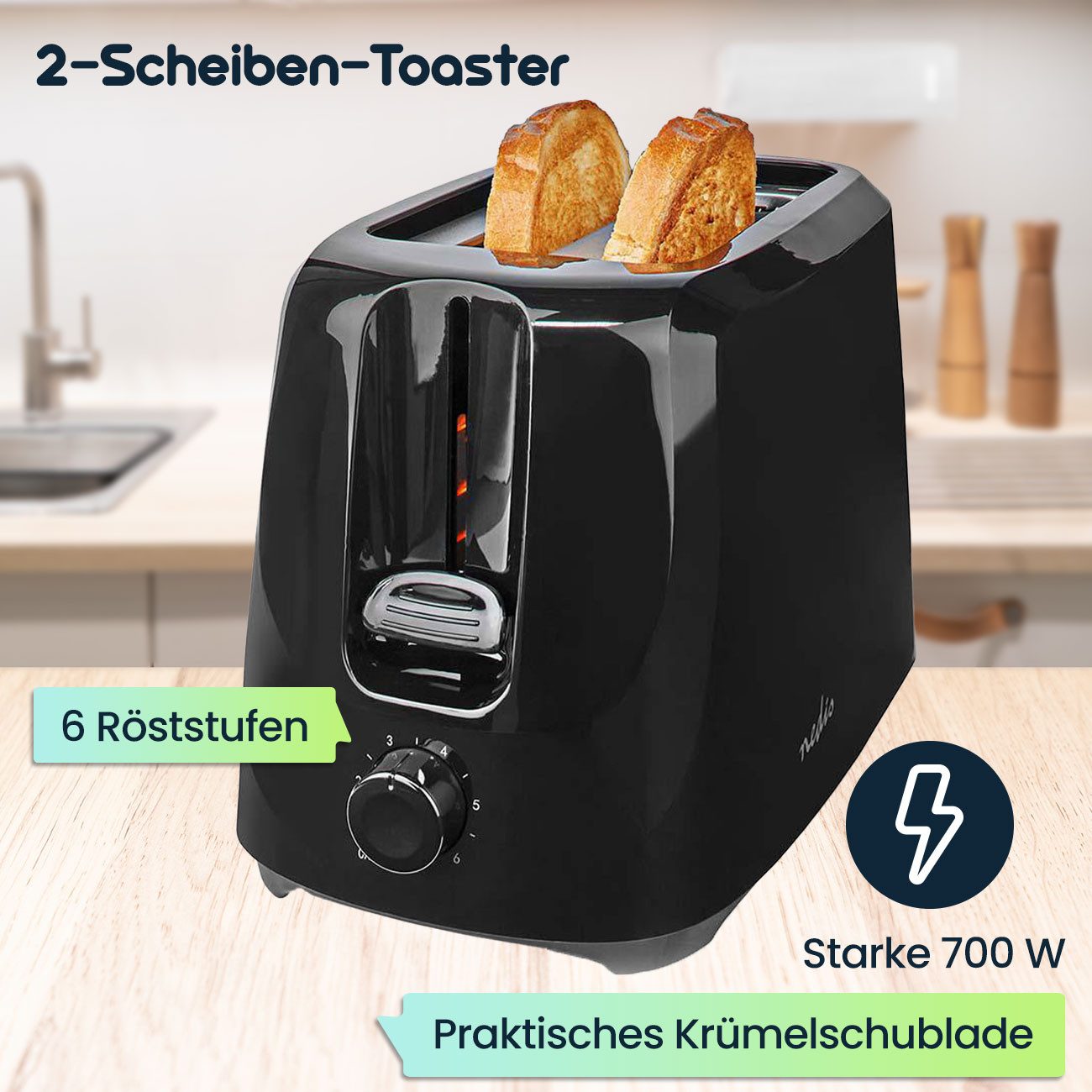 Nedis Toaster 2-Scheiben-Toaster 700W, 6 Röststufen, Krümelschublade, Schwarz, Kompaktes Design mit Kabelaufbewahrung