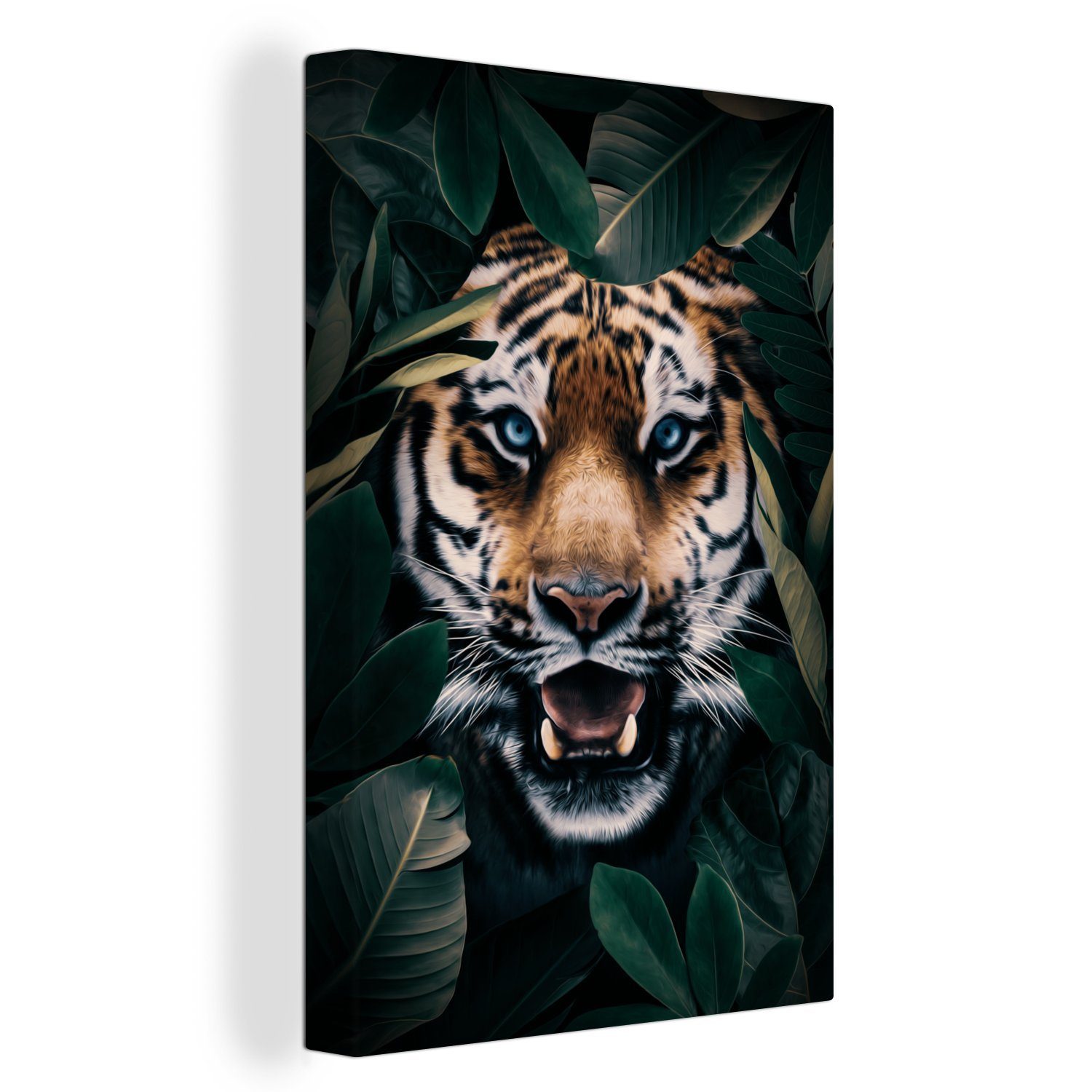 OneMillionCanvasses® Leinwandbild Tiger - Bäume - Blau, (1 St), Leinwandbild fertig bespannt inkl. Zackenaufhänger, Gemälde, 20x30 cm