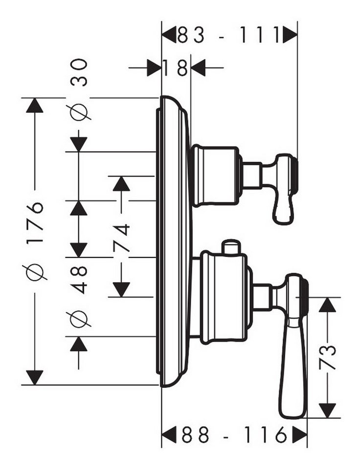 Thumbnail - hansgrohe Unterputzarmatur Axor Montreux Thermostat mit Ab-u.Umstellventil Unterputz mit Hebelgriff