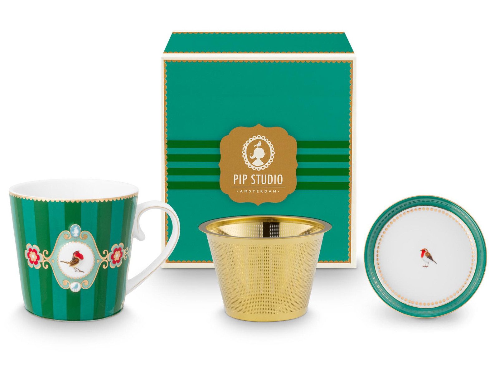 PiP Studio Geschirr-Set Love Birds Medallion Stripes Emerald-Green Teeset für eine Person 0,3l, Porzellan