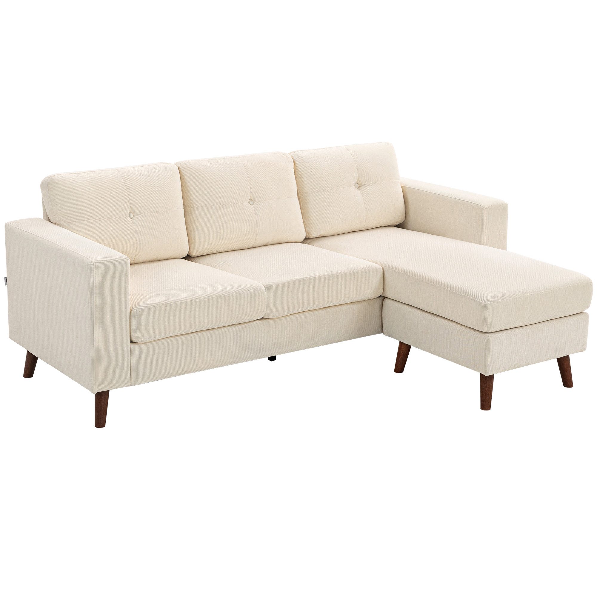 HOMCOM Ecksofa mit umkehrbarer Chaiselongue, Cord-Optik, Eckcouch 1 Teile, für kleinen Raum, Wohnzimmer, Cremeweiß
