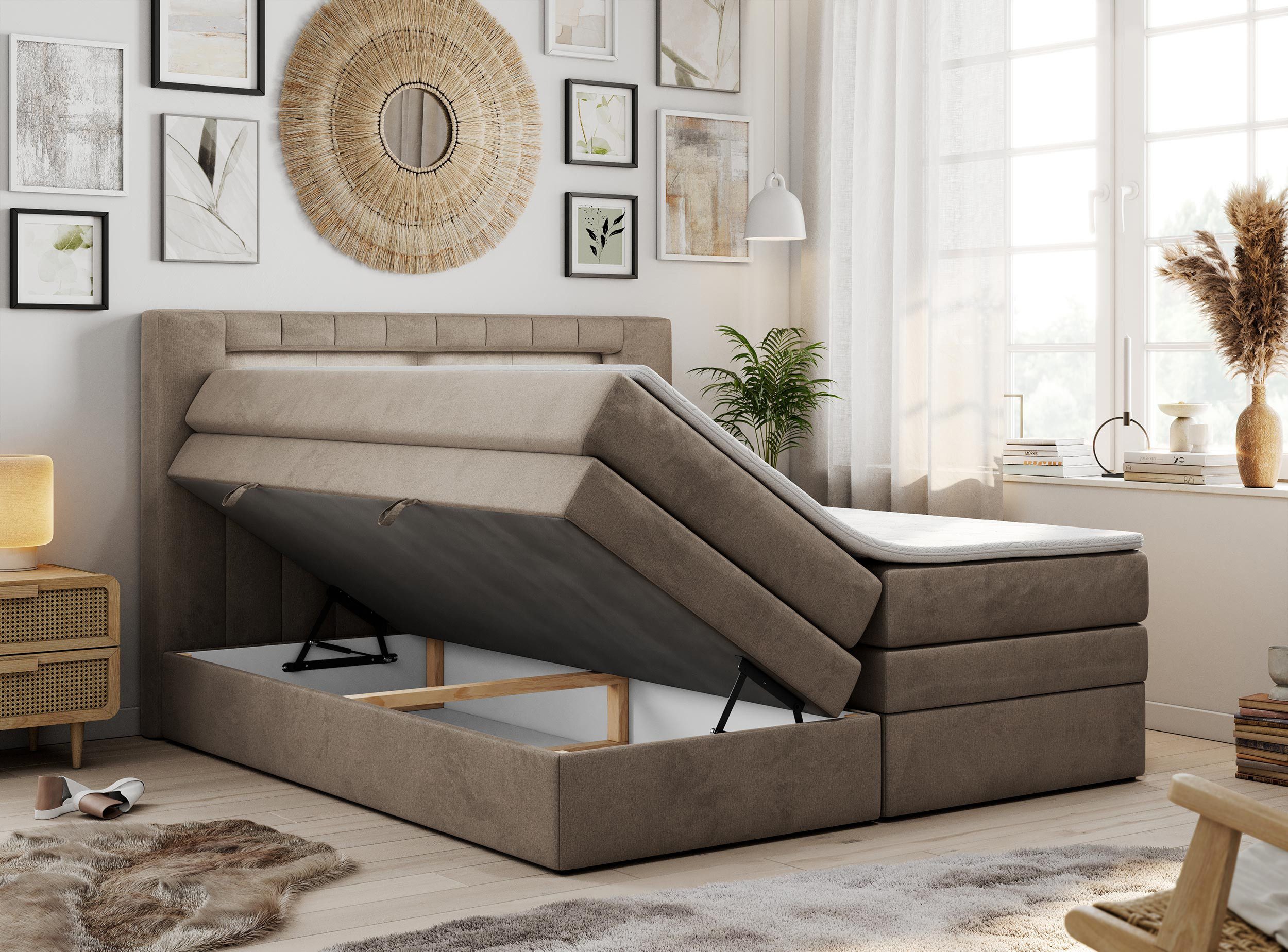 MKS MÖBEL Boxspringbett GOLD 5 KING (T30-Schaum, Topper T25/Visco, Doppelbett), Polsterbett mit Bettkasten und fünf Matratzen - Stauraumbett