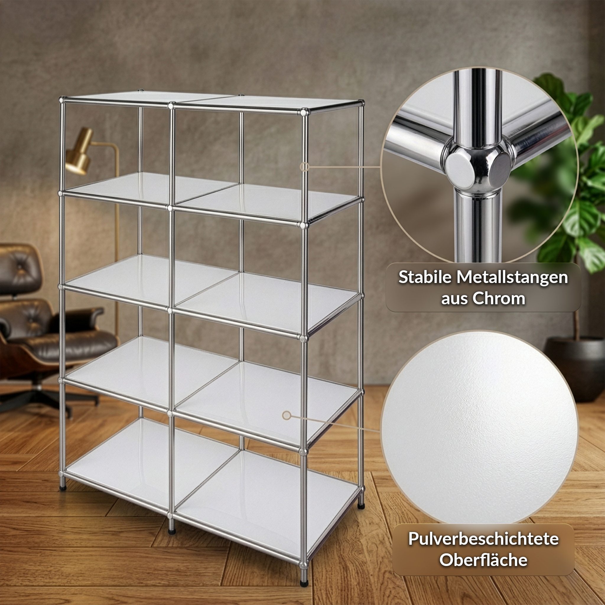 Floordirekt Bücherregal Standregal Concept Epure MK-015 Raumteiler, verchromtes Metallgestell, höhenverstellbare Kunststofffüße, 5 Ablagen, B78×T40×H118 cm – Bild 4 von 5