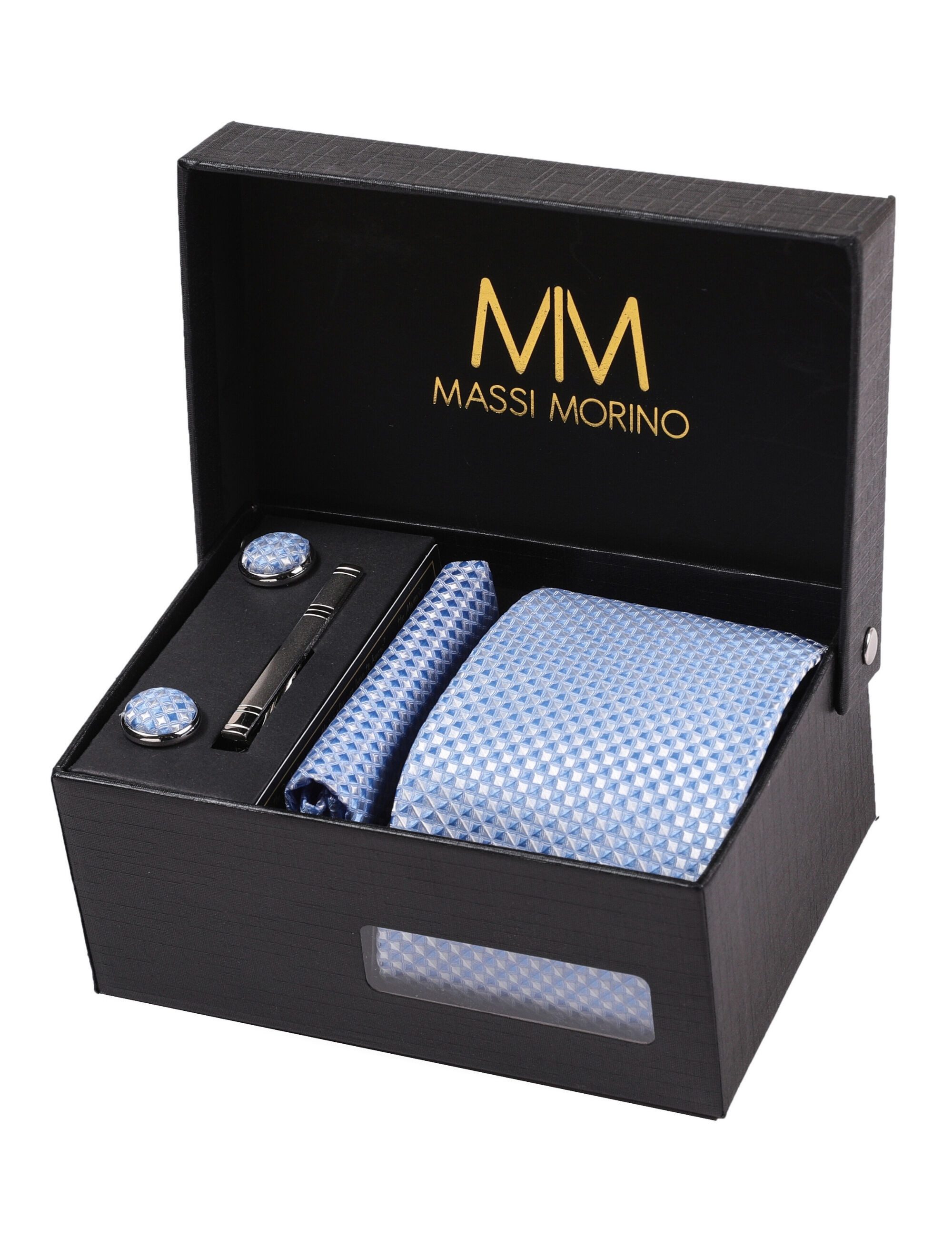 Massi Morino Krawatte (1-St) mit Einstecktuch, Manschettenknöpfen und Галстукиklammer
