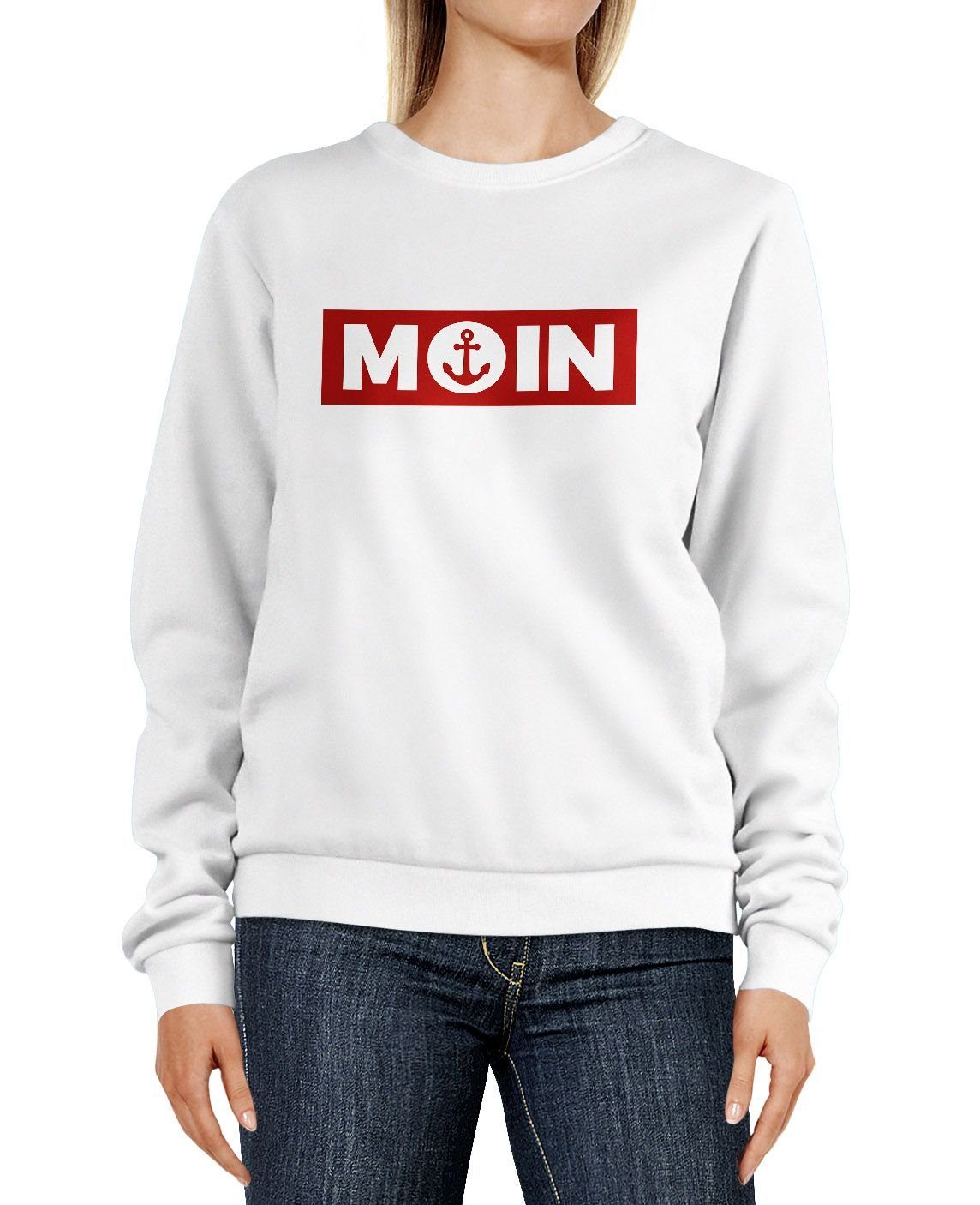 Neverless Sweatshirt Sweatshirt Damen Moin norddeutsch Morgen Anker Badge Rundhals-Pullover Pulli Sweater Neverless® weiß