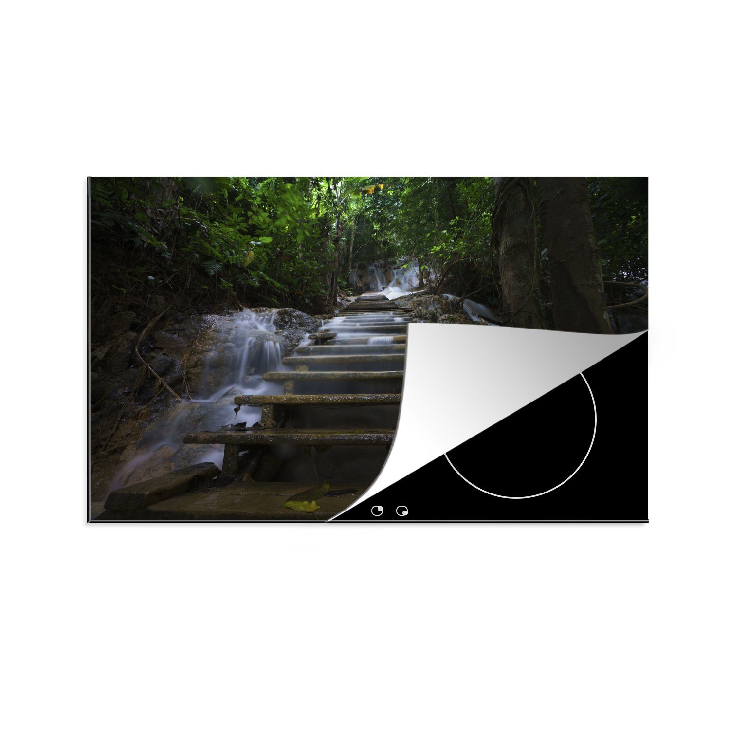 MuchoWow Herdblende-/Abdeckplatte Treppe -Wasserfall -Bäume, Vinyl, (1 tlg), 81x52 cm, Induktionskochfeld Schutz für die küche, Ceranfeldabdeckung
