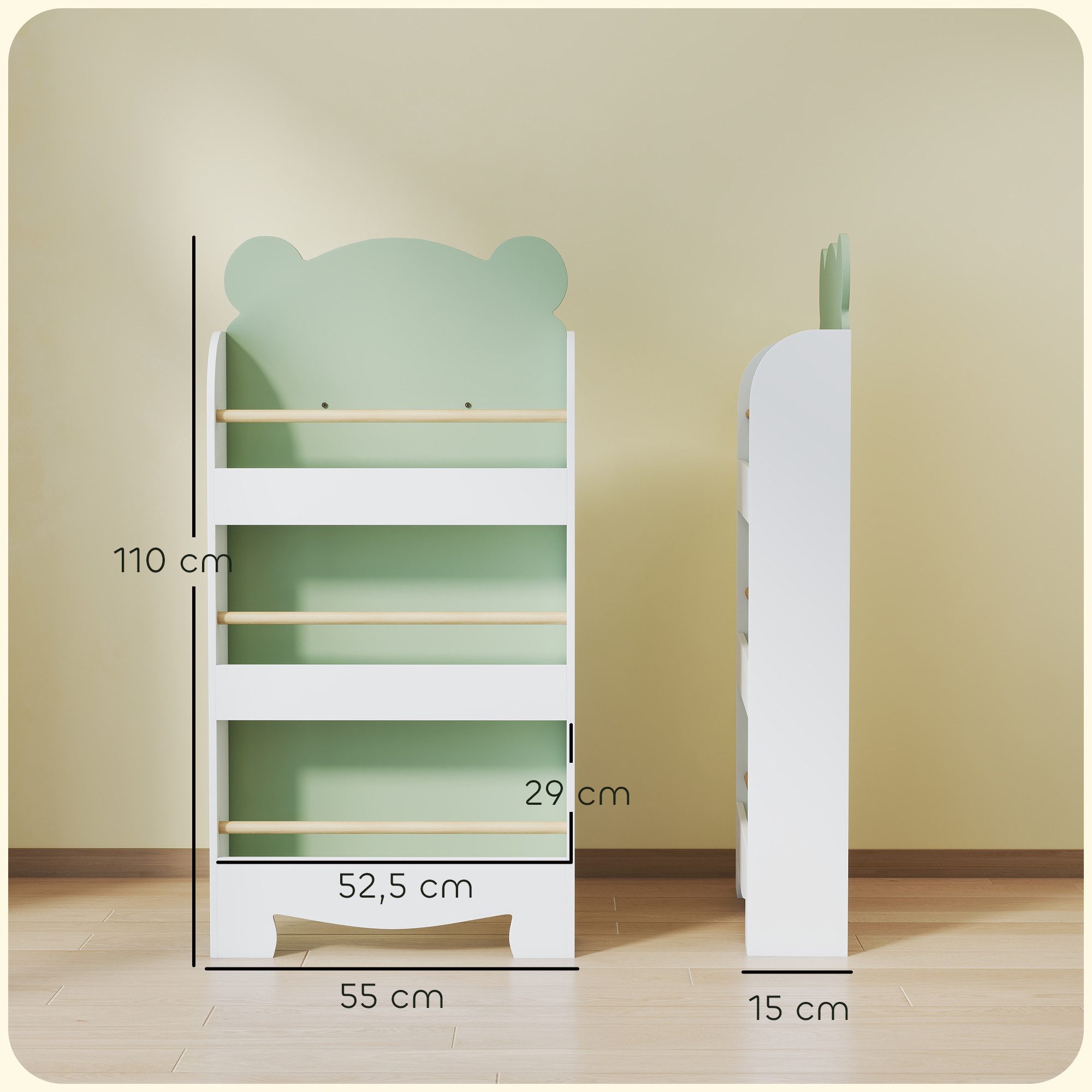AIYAPLAY Kinderregal Bücherregal Kinder, Kinderregal mit 3 Regal, Bücherregal Kinder 1-tlg., für Bücher Spielzeug Kinderzimmer, 55 x 15 x 110 cm, Grün
