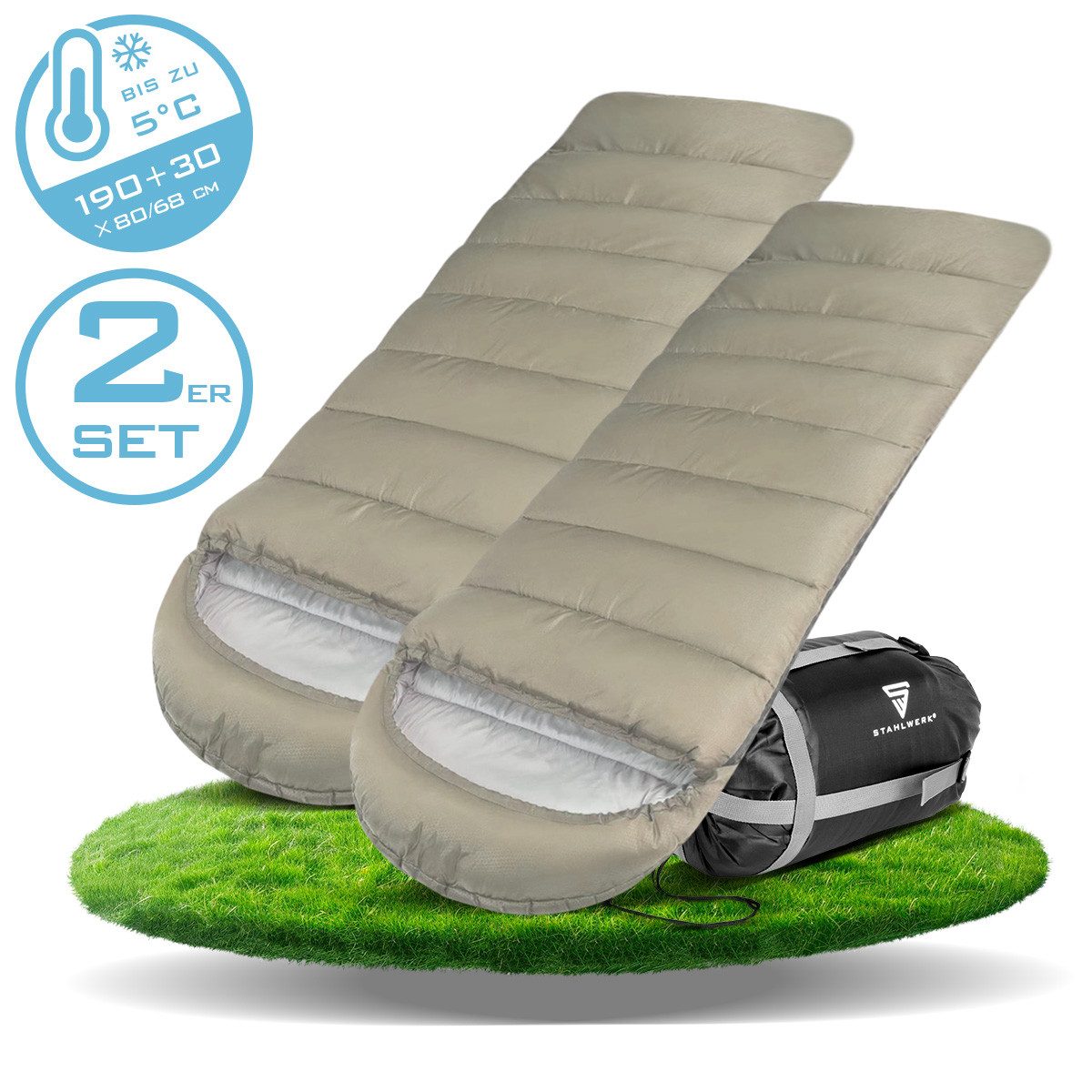 STAHLWERK Campingliege Schlafsack SB-600 ST 2er Set - Outdoorschlafsack bis 5°C (Packung, 2-St., Einzelartikel) Schweißer-Gripzangen inklusive Transportkoffer