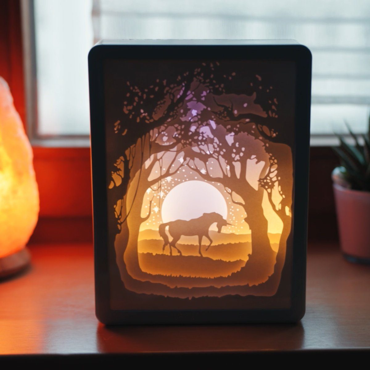 CiM LED Lichtbox 3D Papercut RECTANGLE - Unicorn, LED fest integriert, Warmweiß, 16x5x21cm, Shadowbox, Wohnaccessoire, Nachtlicht, kabellose Dekoration
