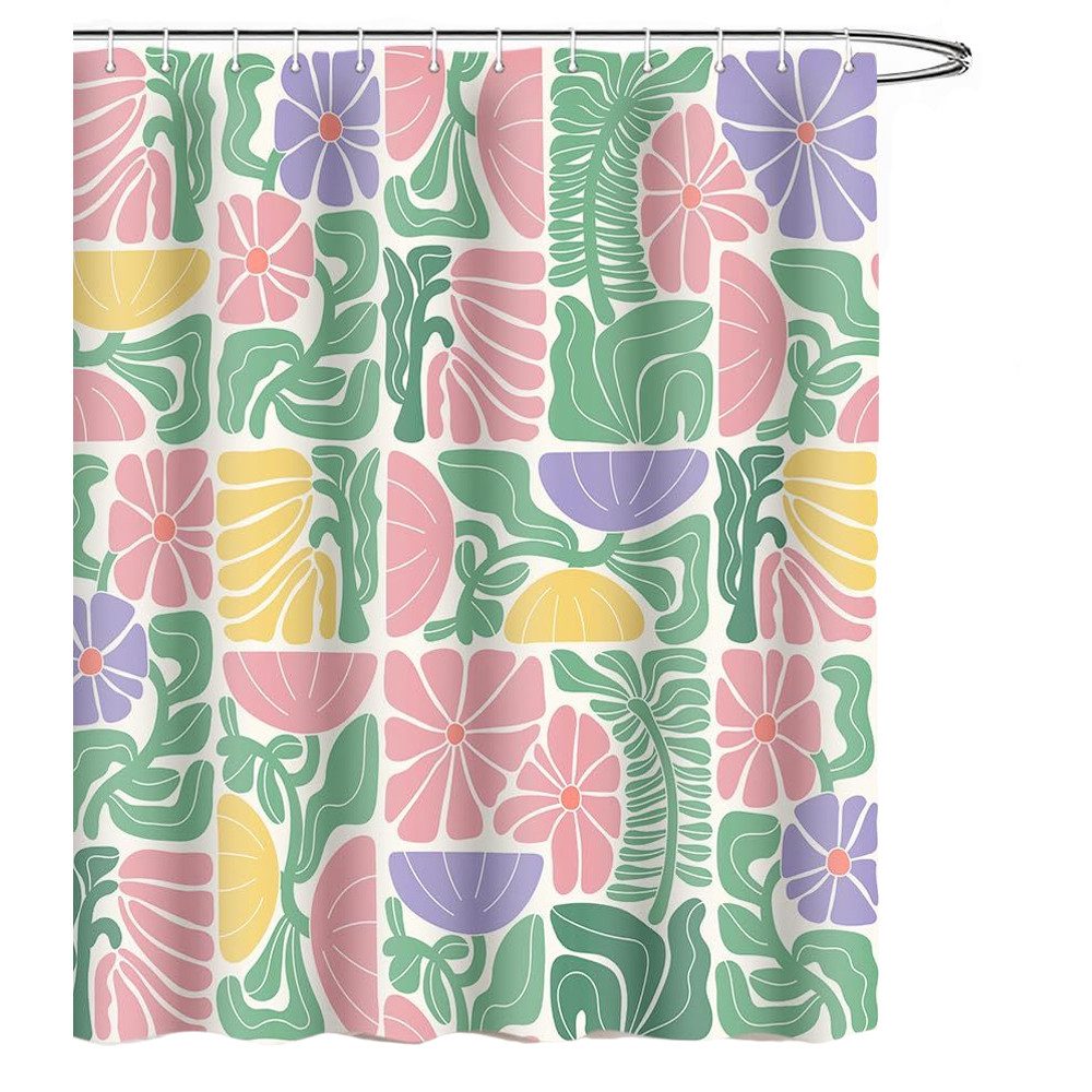 Coonoor Duschvorhang Boho Duschvorhang mit abstraktem, buntem Blumenmuster Breite 180 cm (1-tlg), Vintage Retro Patchwork – Geometrisches Botanisches Design für das Bad