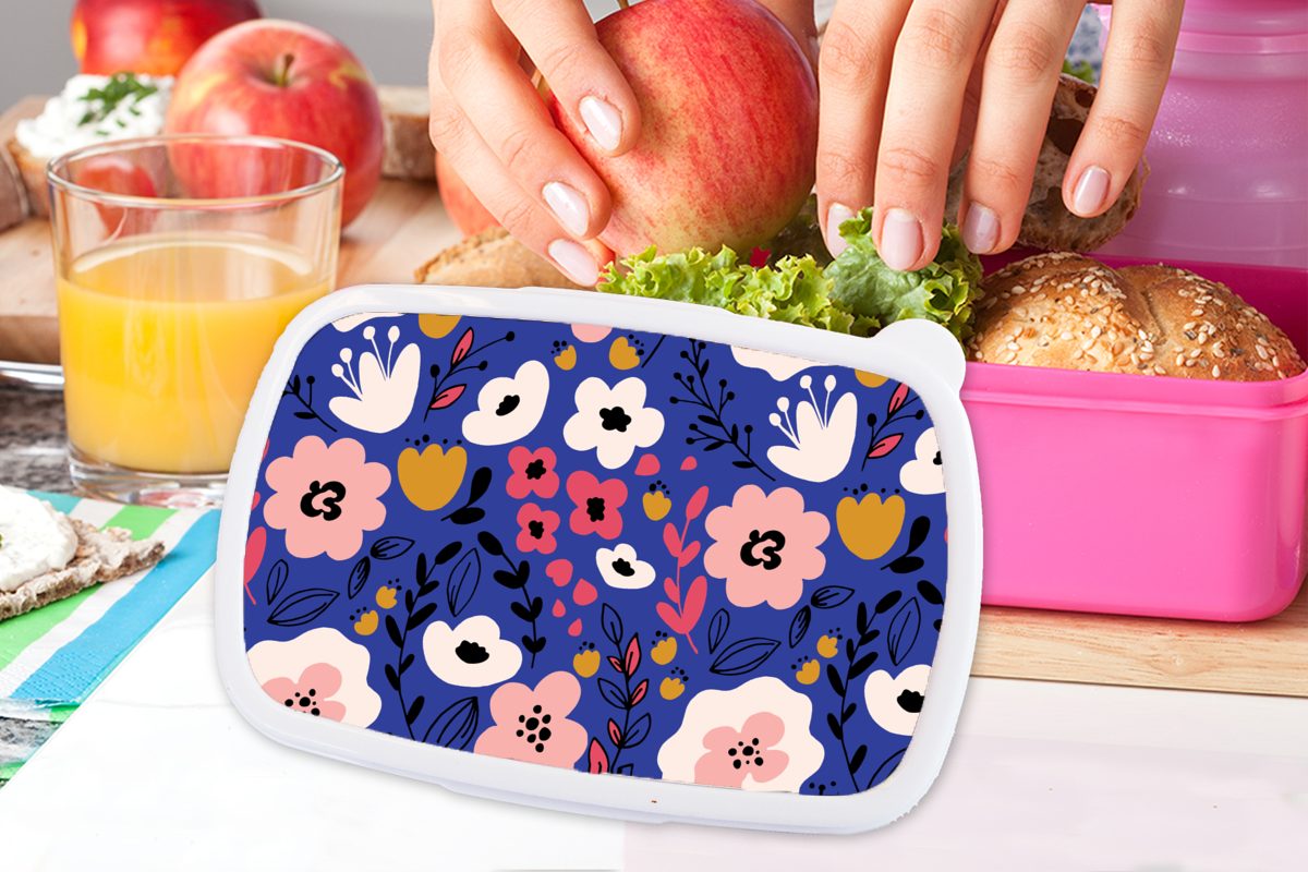 MuchoWow Lunchbox Blumen - Brotdose Kinder, Mädchen, rosa Kunststoff Kunststoff, Blätter Brotbox Erwachsene, Muster, - (2-tlg), Snackbox, für
