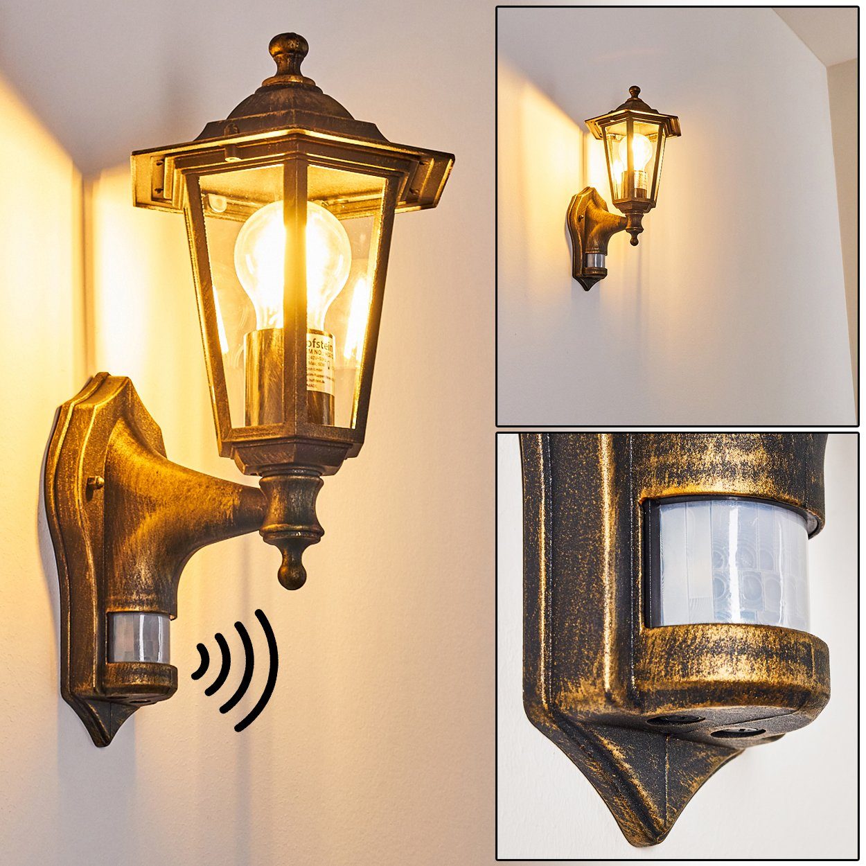 hofstein Außen-Wandleuchte »Rivale« Außenwandlampe Aluguss in Braun/Gold m. Klarglas-Scheiben, ohne Leuchtmittel, m. E27, m. Bewegungsmelder