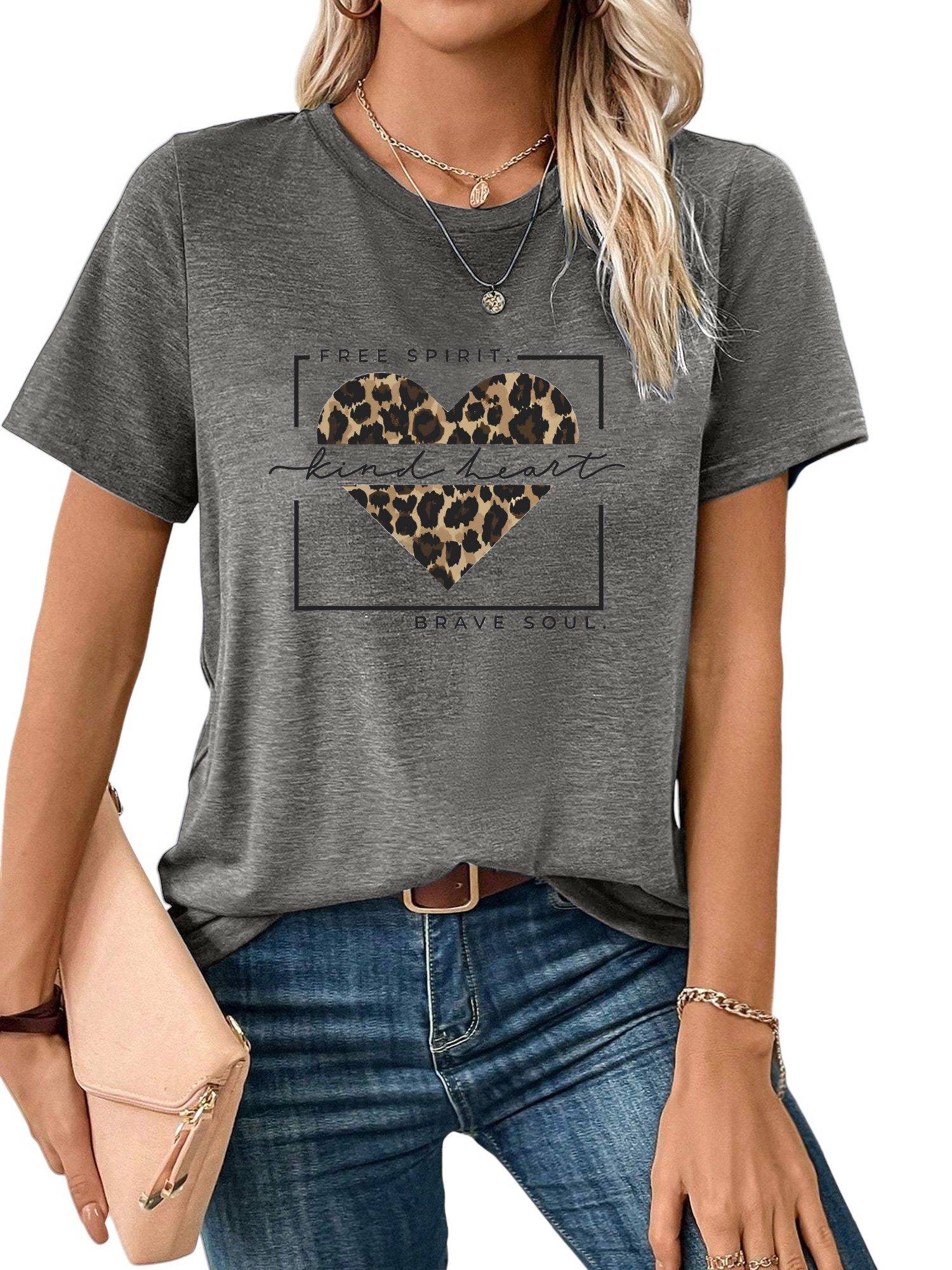 PYLIKE Kurzarmbluse Damen Sommer Casual bequemes t shirt mit Leopardenmuster Print-Shirt