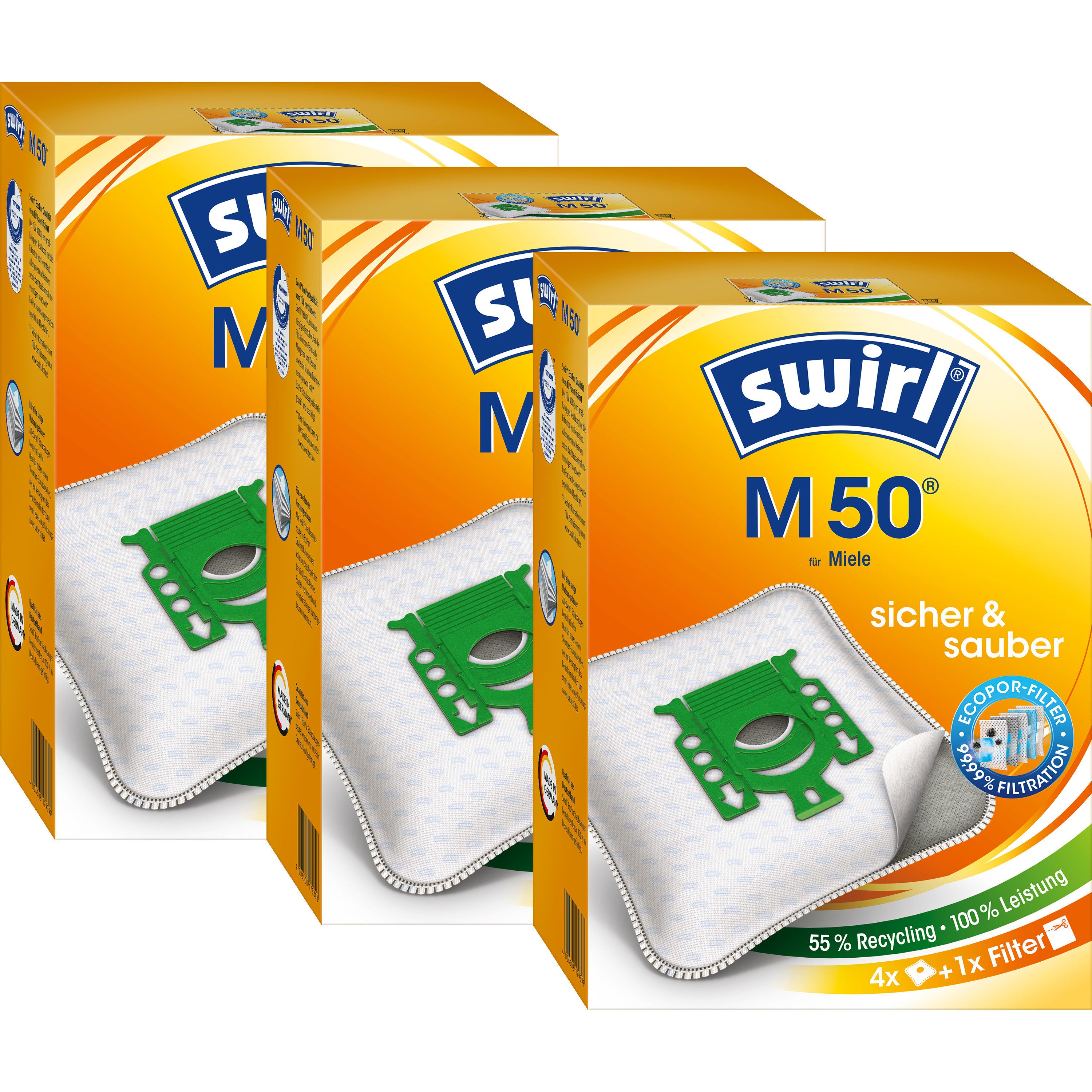 Swirl Staubsaugerbeutel SWIRL Staubsaugerbeutel M 50 EcoPor 3er-Pack 12 Beutel 3 Airfilter, passend für Miele