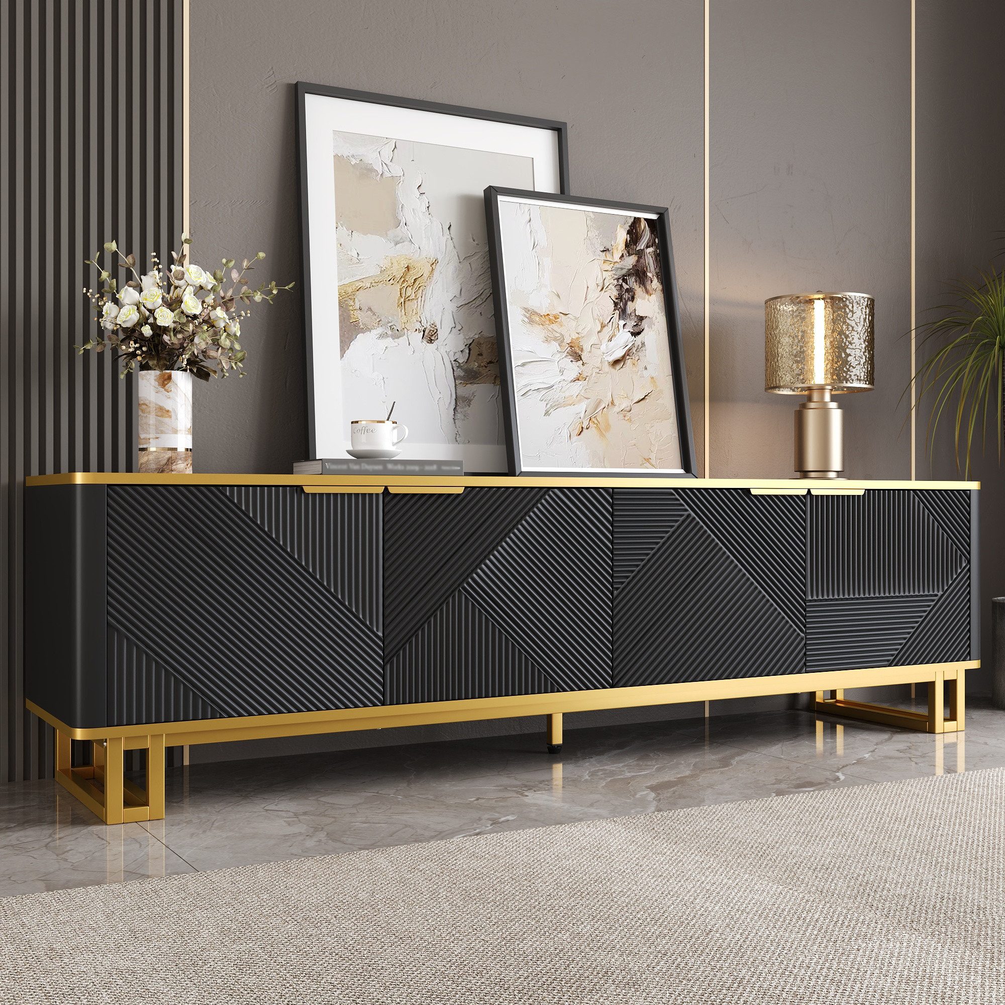 MODFU TV-Schrank Klassische Kommode in der Farbkombination Schwarz-Gold/Weiß (Packung, 1-St., 160x37,5x48 cm, mit geometrisch geprägten Türen vor 2 Fächern) Stilvolle und übersichtliche Aufbewahrungslösung