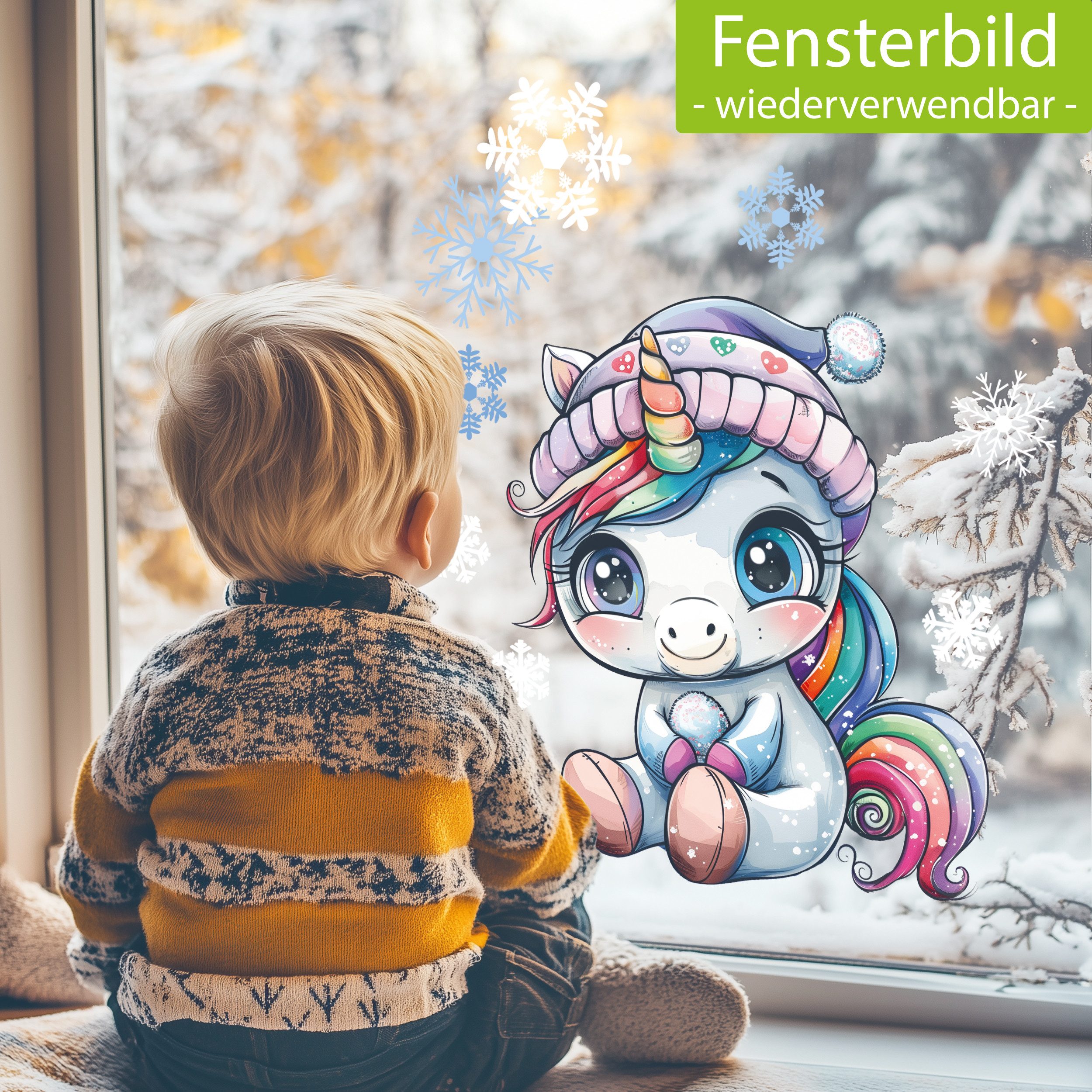 Sunnywall Fensterdekoration wiederverwendbares Fensterbild Winter Einhorn Regenbogen, wiederverwendbar, statisch haftend, beidseitiger Druck