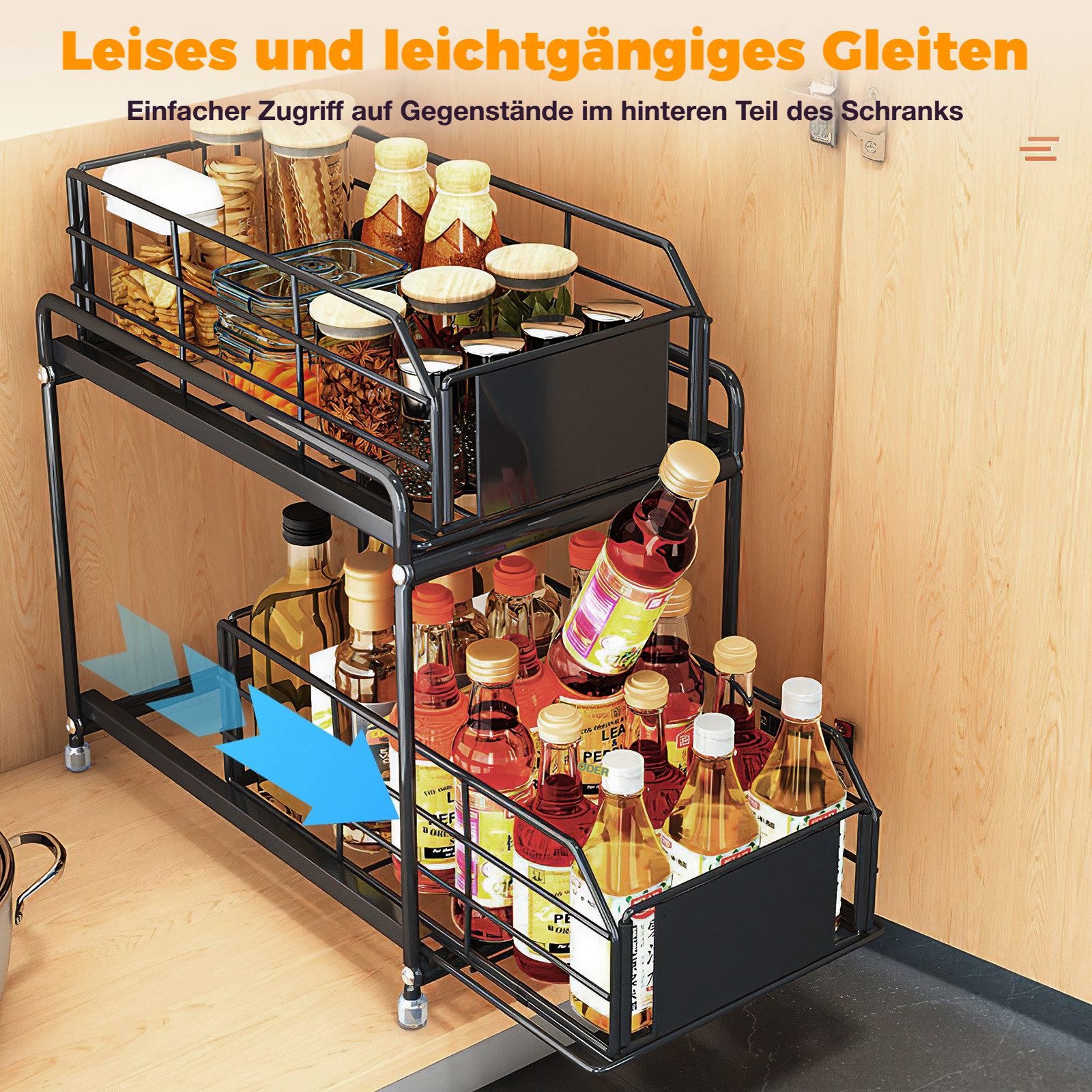 BlingBin Küchenorganizer-Set 2 Etagen Teleskopschublade aus Metall, Ausziehbarer Küchenregal, (1er Set, 1-tlg., Abmessungen: 36 × 32 × 19 cm), Ausziehbarer Kohlenstoffstahl Gewürzregal für Küche Badezimmer,Schwarz
