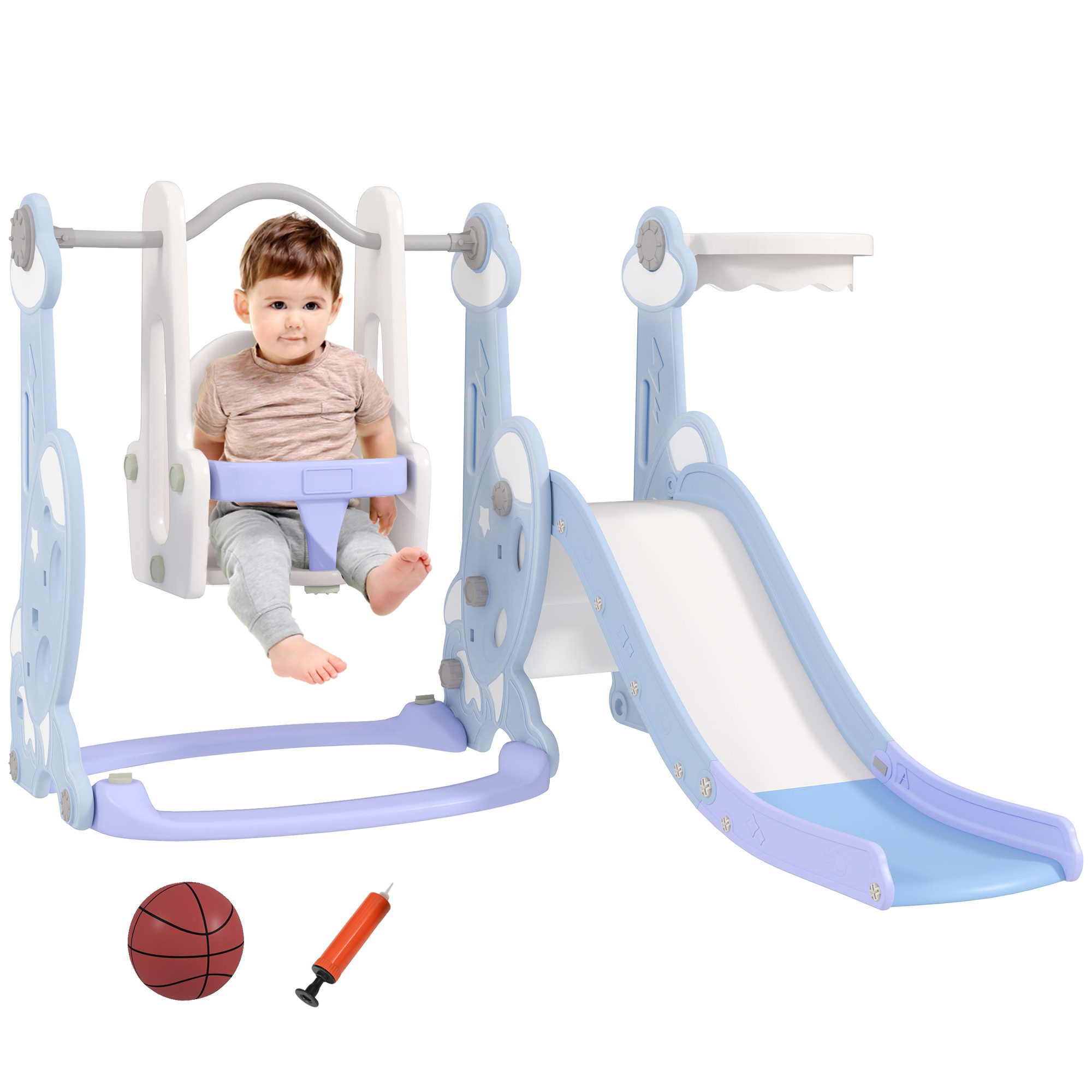 AIYAPLAY Rutsche 4-in-1 Kinderrutsche mit Schaukel Basketballkorb Kletterge günstig online kaufen