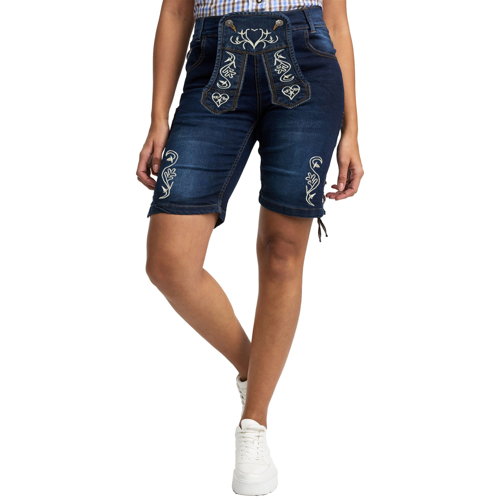 Steigenhöfer Manufaktur Trachtenjeans im Lederhosen Look - Damen Shorts - Stretch für Komfort - Capri Jeans Traditionelles Design - Ideal für Oktoberfest usw. - auch als 3/4 Hose