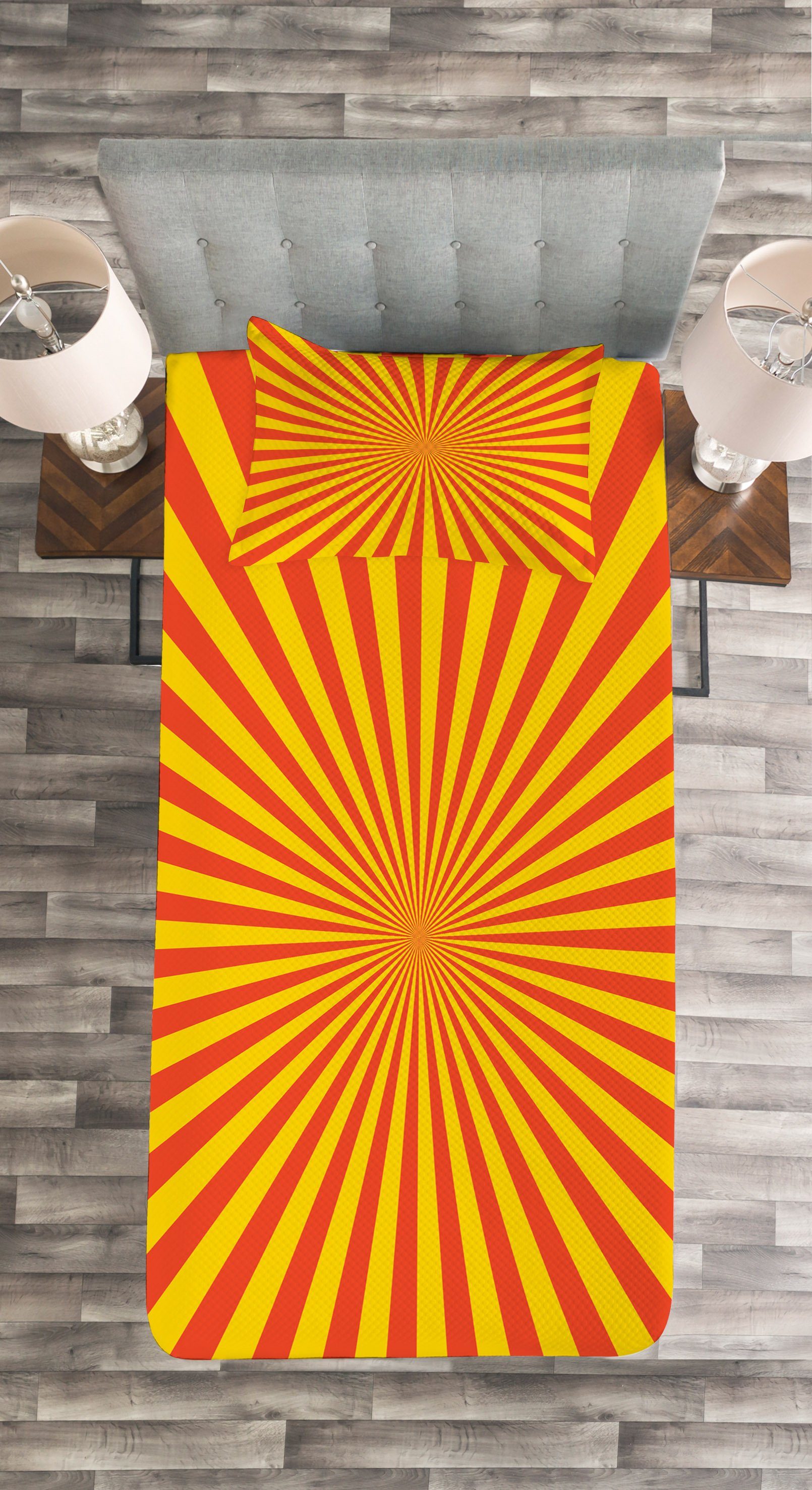 Tagesdecke Set mit Kissenbezügen Tone Sunburst Abakuhaus, Sunrays Bicolor Warm Waschbar