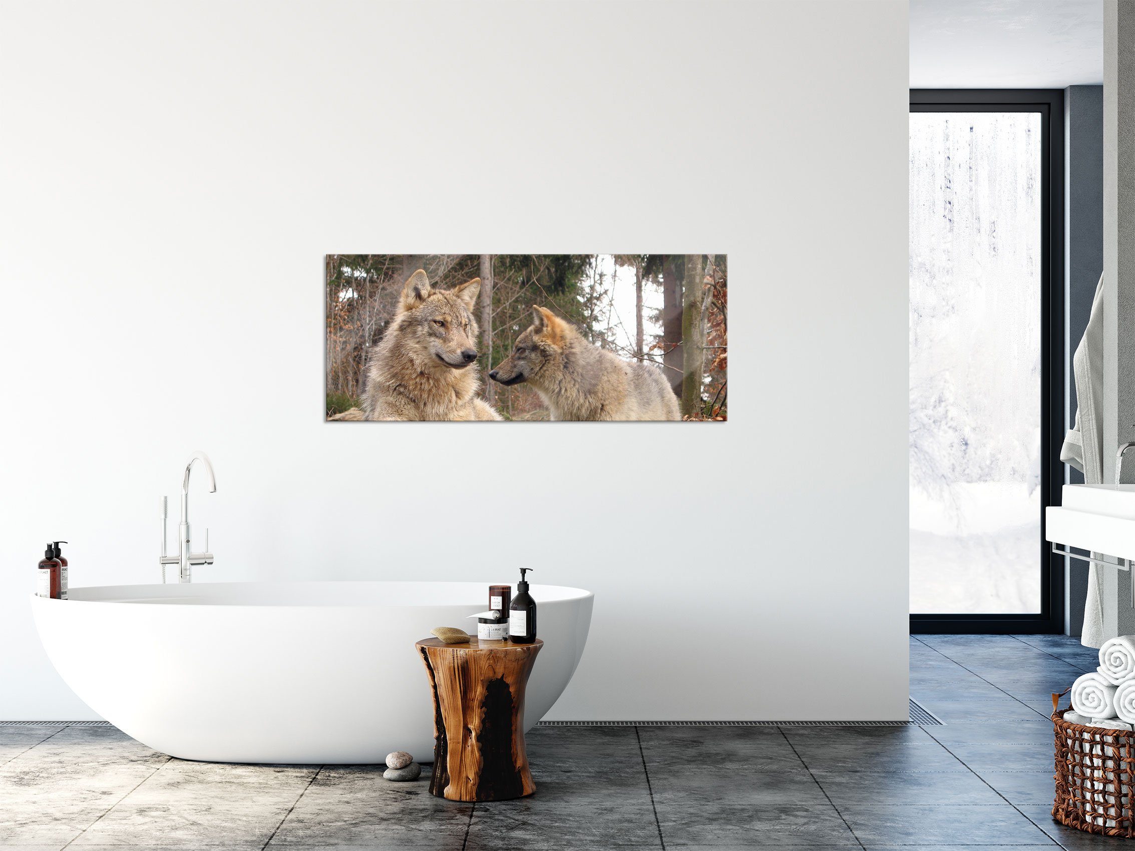 Echtglas, Abstandshalter Wald und Wölfe Glasbild im Glasbild Wölfe im aus St), Aufhängungen Wald, (1 inkl. Pixxprint
