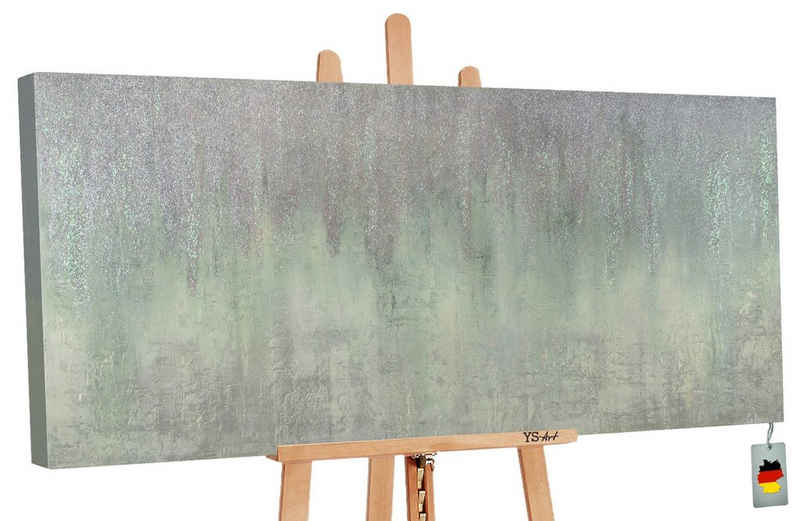 YS-Art Gemälde Frost, Abstrakt, Abstraktes Leinwand Bild Handgemalt Grün Silber Glittzer Glitter