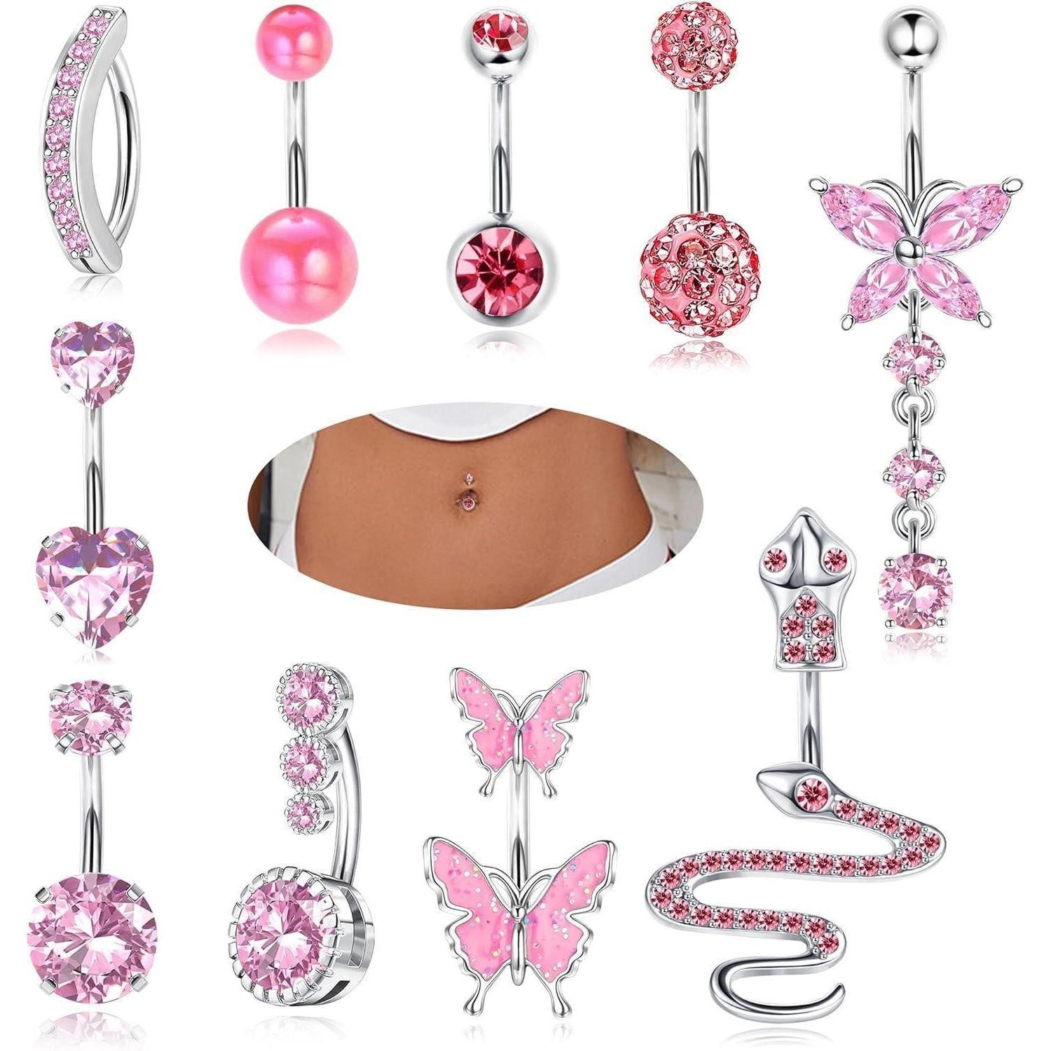 YADOCA Bauchnabelpiercing-Set 10 Stück 14G Bauchnabelpiercing Damen Chirurgenstahl Rosa Blau CZ