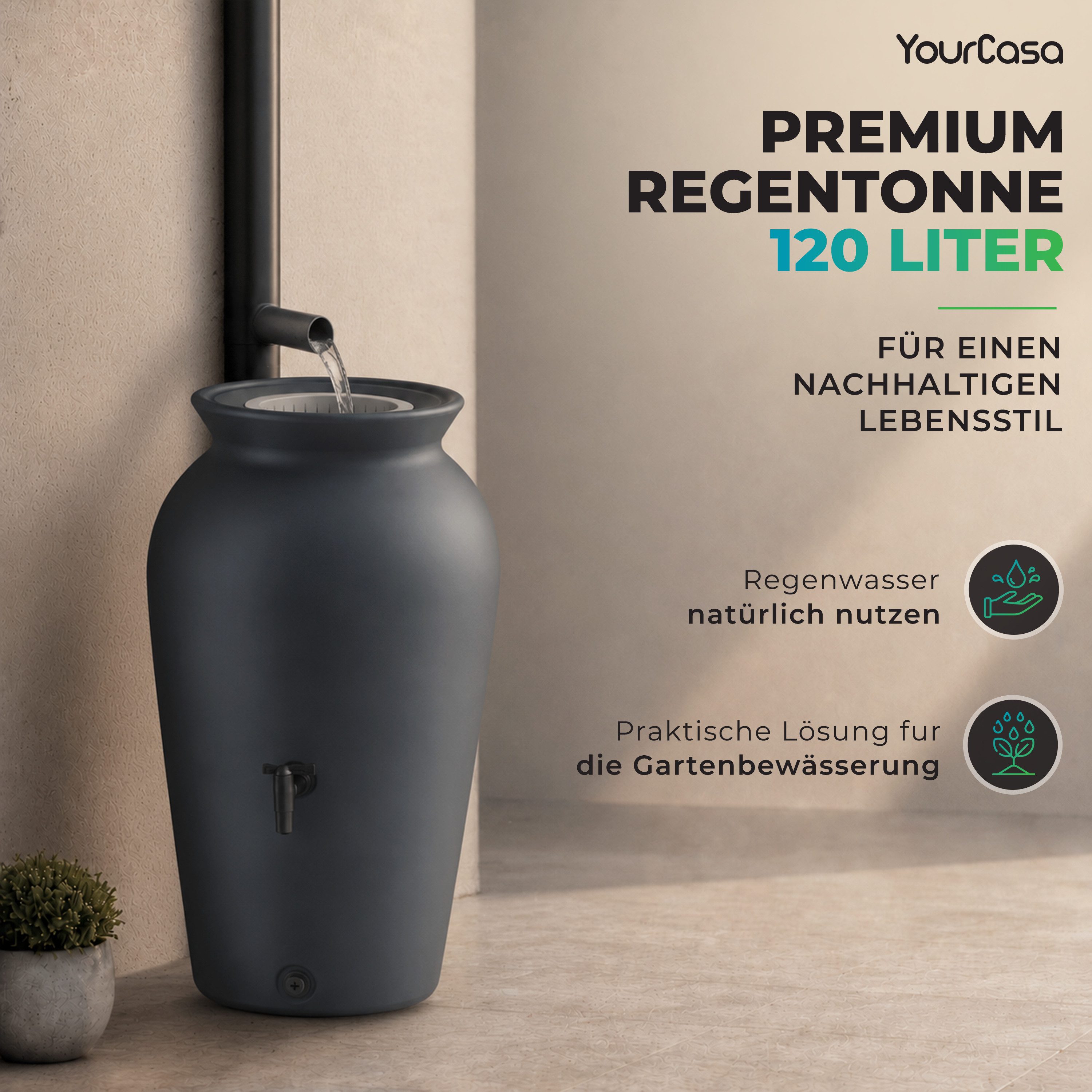 YourCasa Regentonne 120-230 Liter [DropCatcher] mit Filterkorb, 120 l, Frostsicher, Filterkorb, Wasserhahn