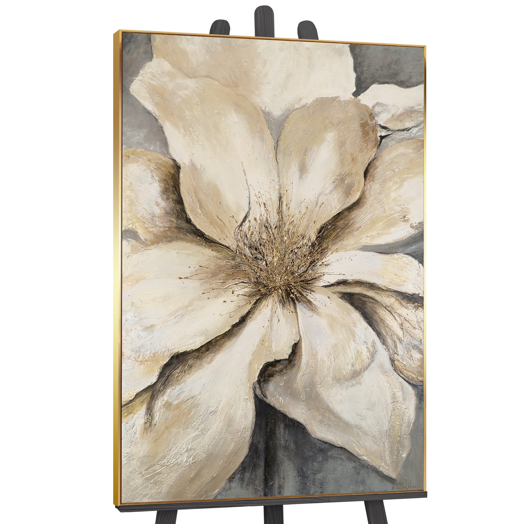 YS-Art Gemälde Goldene Blüte, Blumen, Blumen mit Stiel in Pastelltönen Leinwandbild gerahmt