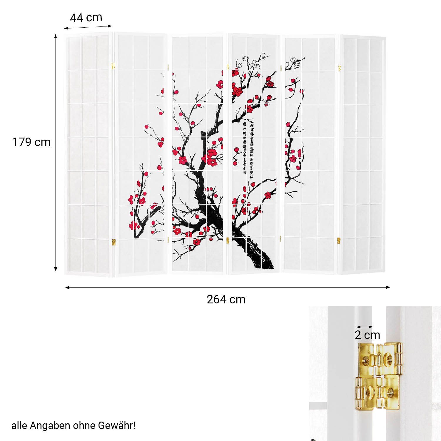 Homestyle4u Paravent 6tlg Raumteiler Kirschmuster Kirschblüten weiß