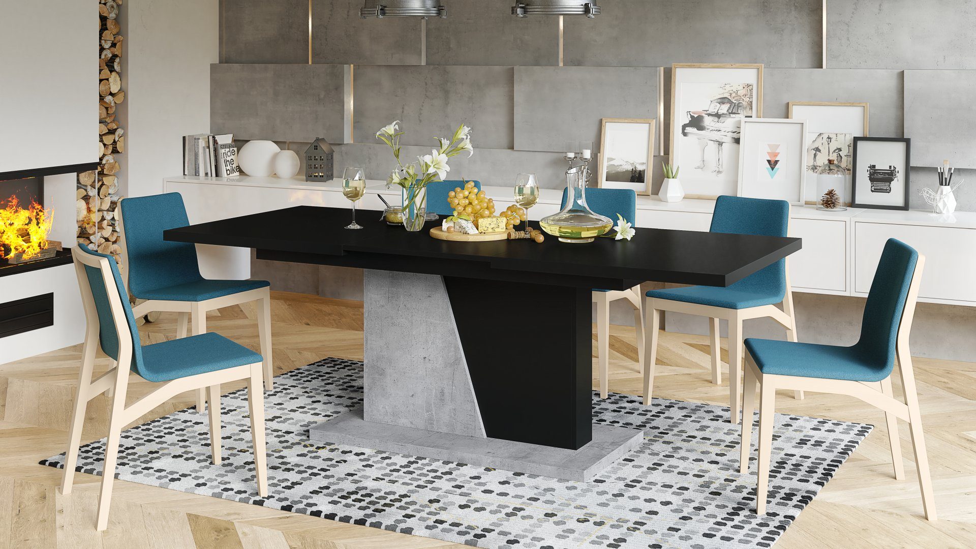 Esstisch Esstisch Mazzoni Schwarz matt Noble Beton ausziehbar - 160 Design Noir cm bis 218 Tisch