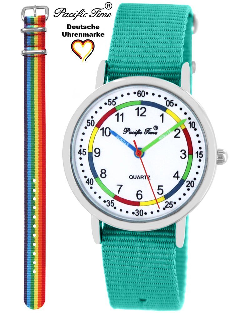 Pacific Time Design Versand und - Regenbogen Mix Kinder Gratis Quarzuhr Lernuhr Match First türkis und Set Wechselarmband, Armbanduhr