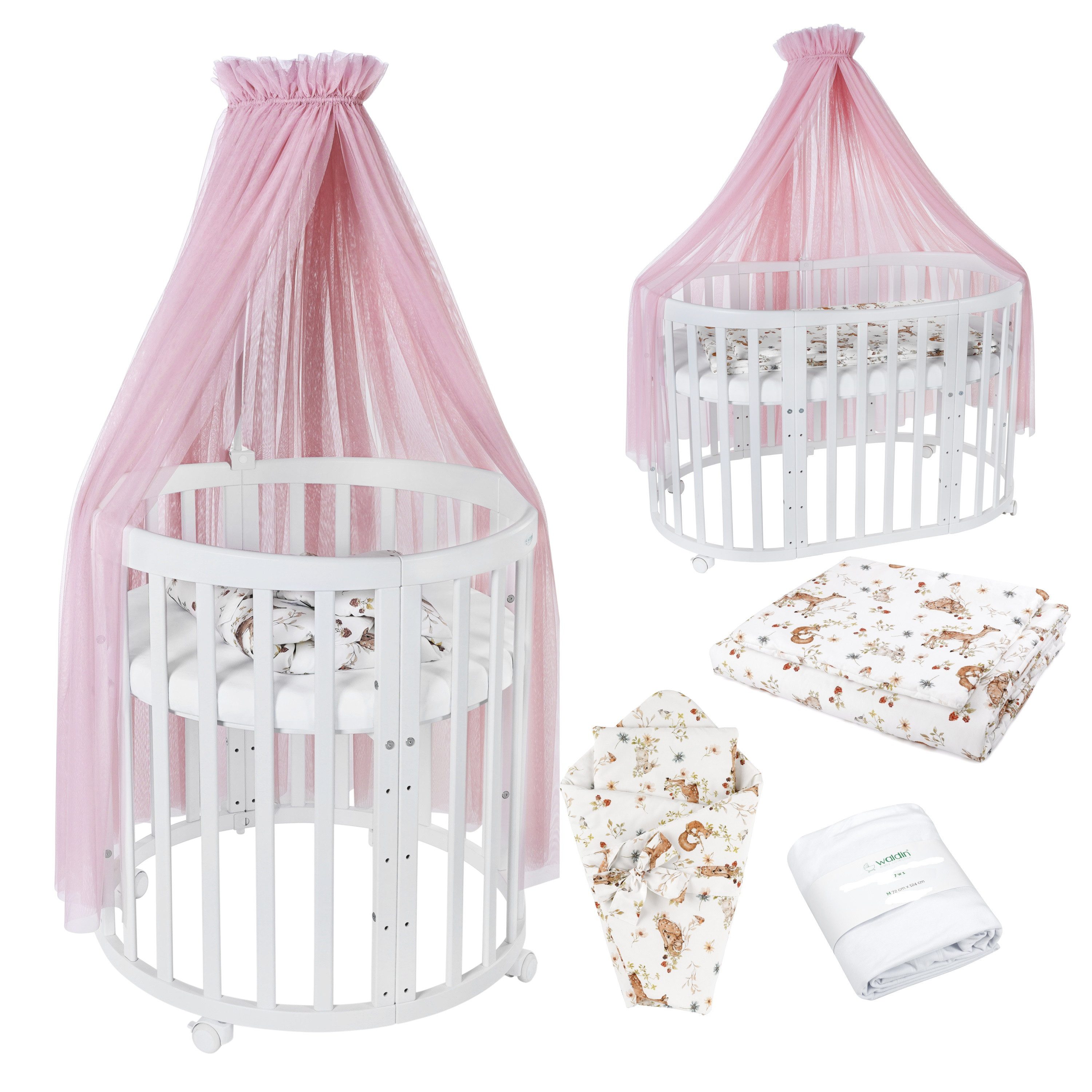 Waldin Babybett Mobiles Babybett OWAL aus Holz 7in1 mit Matratze, mitwachsend