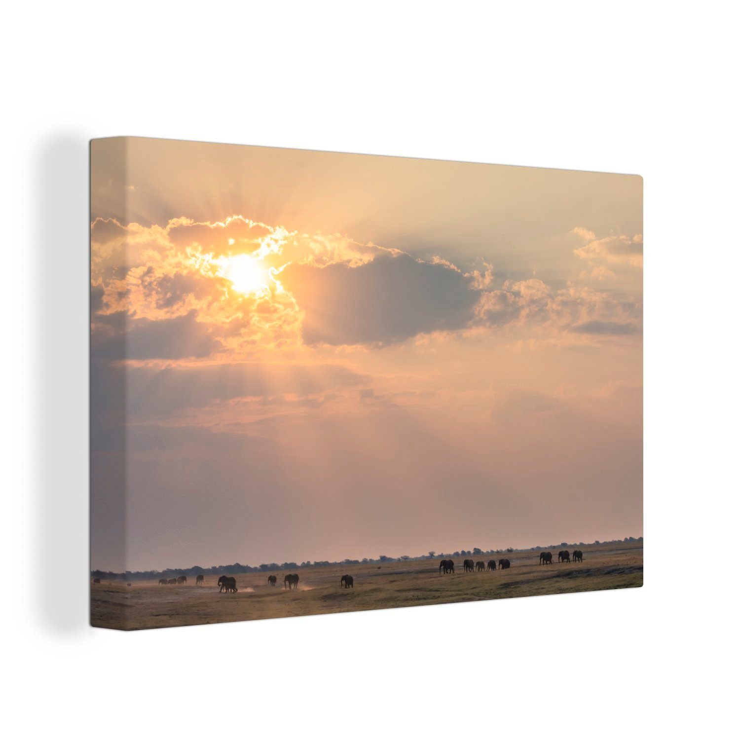 OneMillionCanvasses® Leinwandbild Sonnenstrahlen über der Savanne im Chobe-Nationalpark., (1 St), Wandbild Leinwandbilder, Aufhängefertig, Wanddeko, 30x20 cm