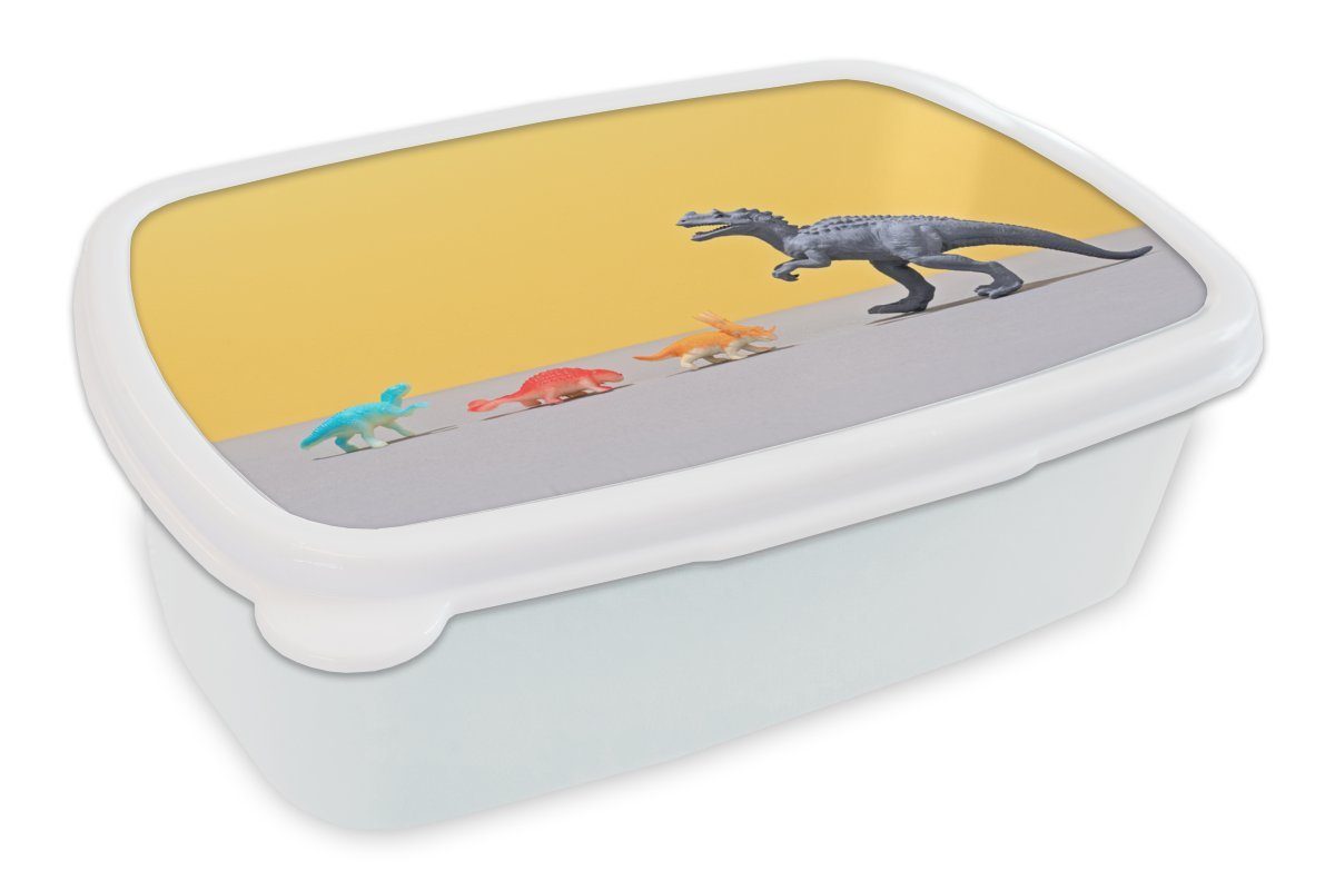 MuchoWow Lunchbox Dinosaurier-Spielzeug - Regenbogen - Gelb, Kunststoff, (2-tlg), Brotbox für Kinder und Erwachsene, Brotdose, für Jungs und Mädchen weiß