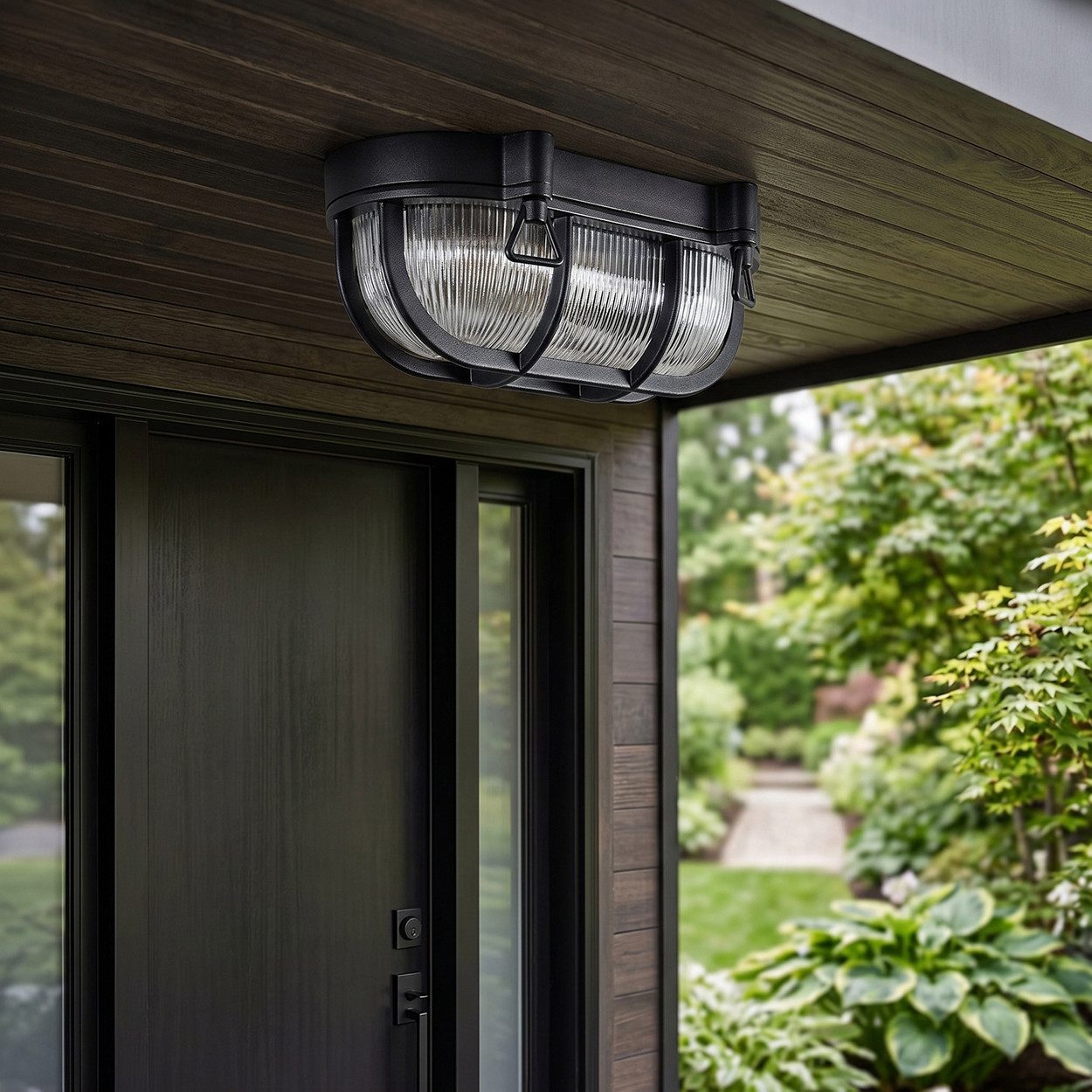 hofstein Außen-Deckenleuchte Außendeckenlampe aus Metall/Riffelglas in Schwarz/Klar, ohne Leuchtmittel, Deckenleuchte draussen im Industrial/Retro/Vintage-Design, E27, IP44