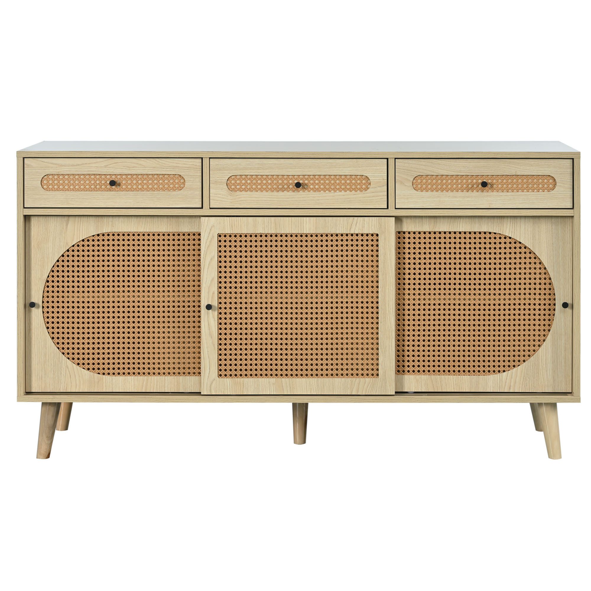 IDEASY Bauernschrank Aufbewahrungsschrank aus Eichenrattan, Sideboard, (140*40*78 cm, verstellbare Regale) 3 Schubladen, mit 3 Schiebetüren, 15 cm über dem Boden