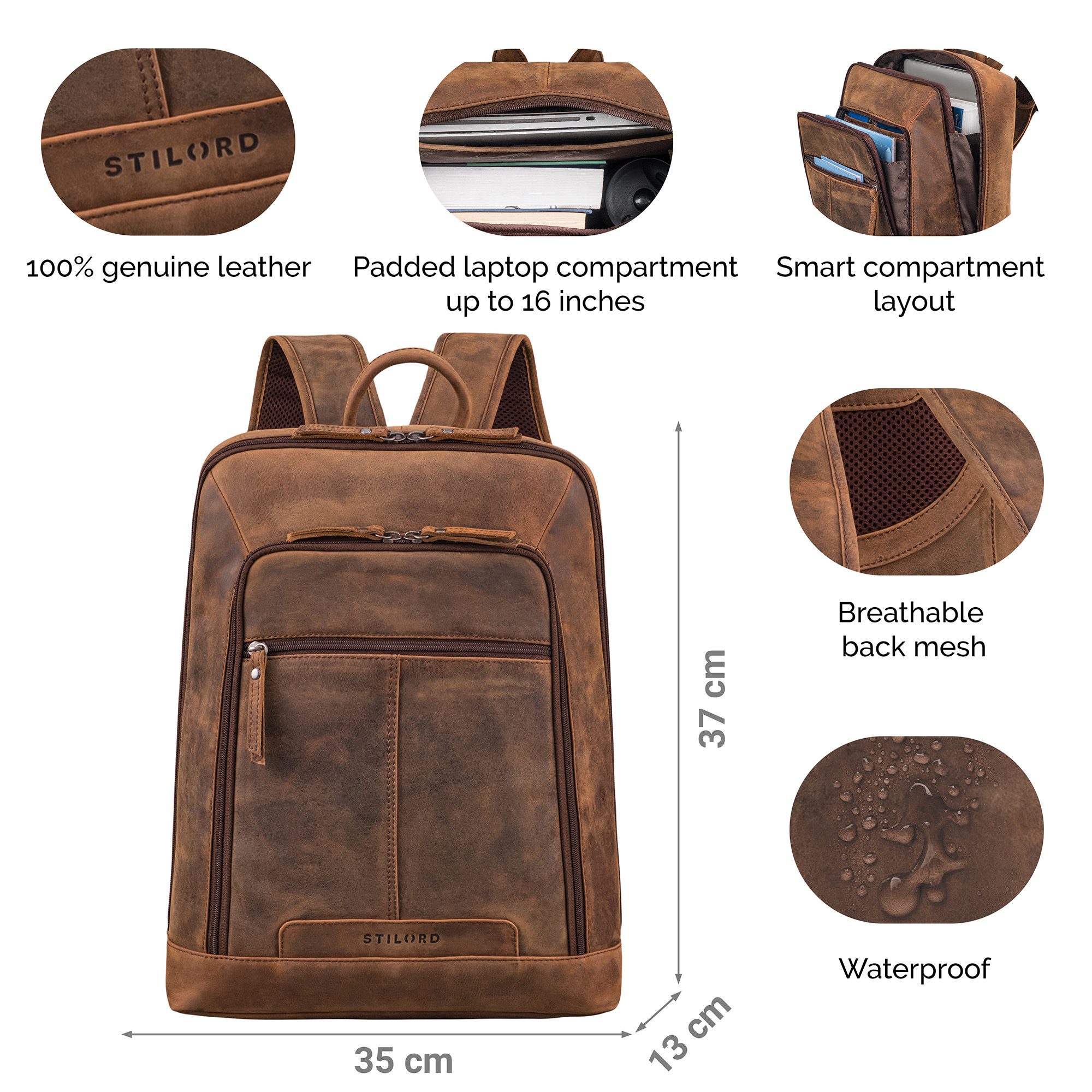 STILORD Notebook-Rucksack "Giulio" Eleganter Business Rucksack Herren Leder 15.6 - 16 Zoll