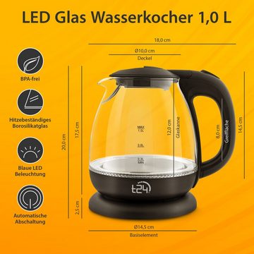 T24 Reise-Wasserkocher T24 GlasWasserkocher mit LED 1100 Watt 1 Liter schwarz, 1 l, 1100 W