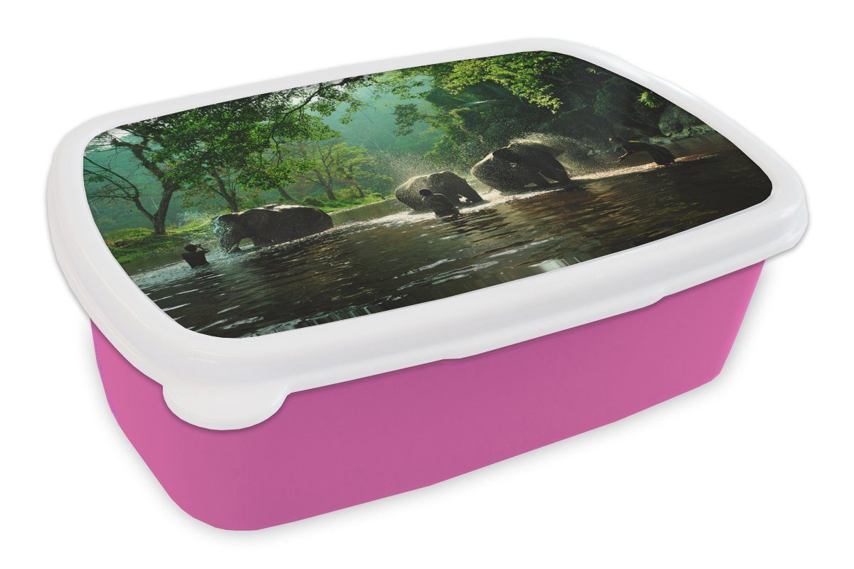 MuchoWow Lunchbox Elefant - Wasser - Bäume - Grün - Tiere, Kunststoff, (2-tlg), Brotbox für Erwachsene, Brotdose Kinder, Snackbox, Mädchen, Kunststoff rosa