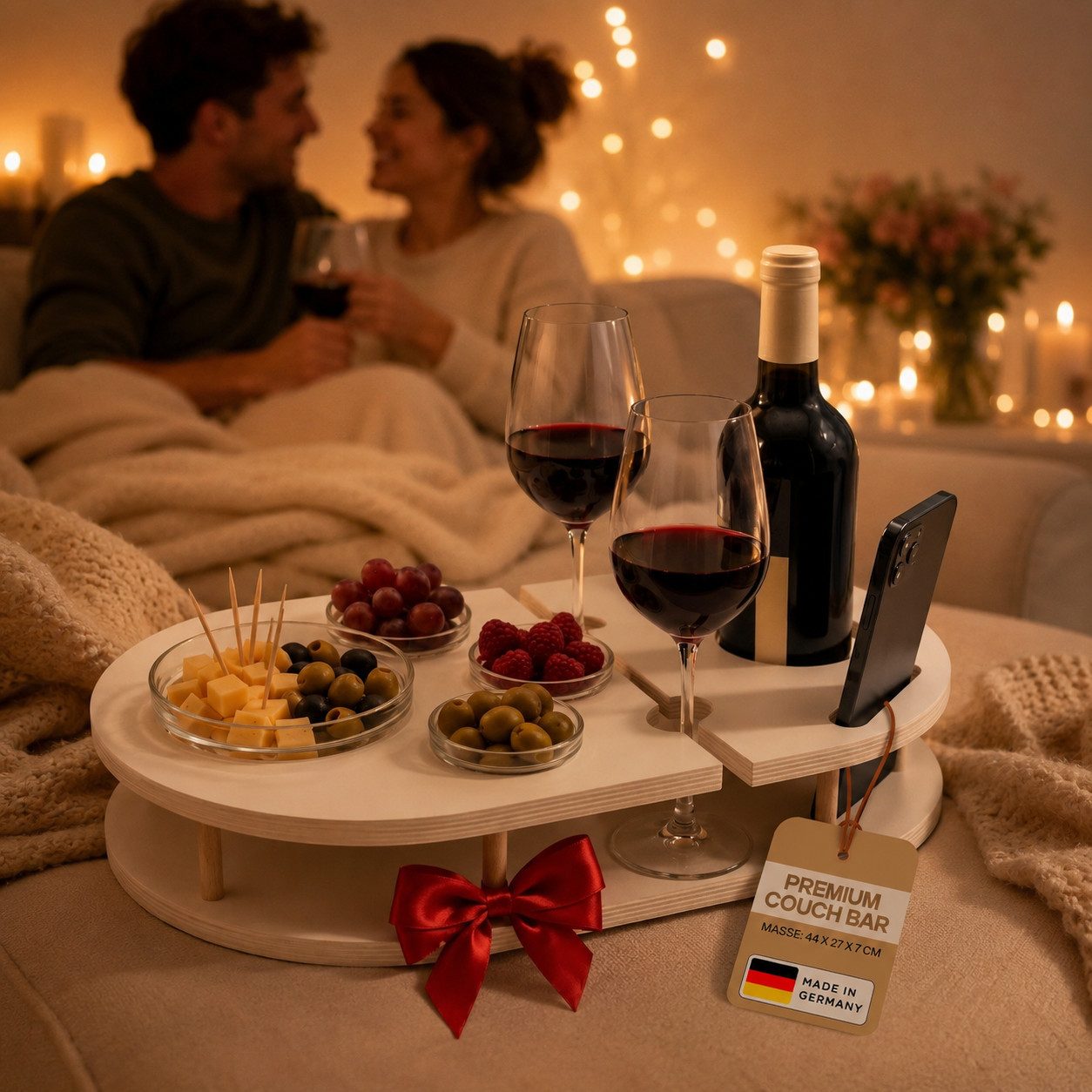 PEGSEN Servier-Set Weinbar Couchbar mit 4 Glasschalen, Birkenholz, Weingläser & Snacks stehen stabil und sicher