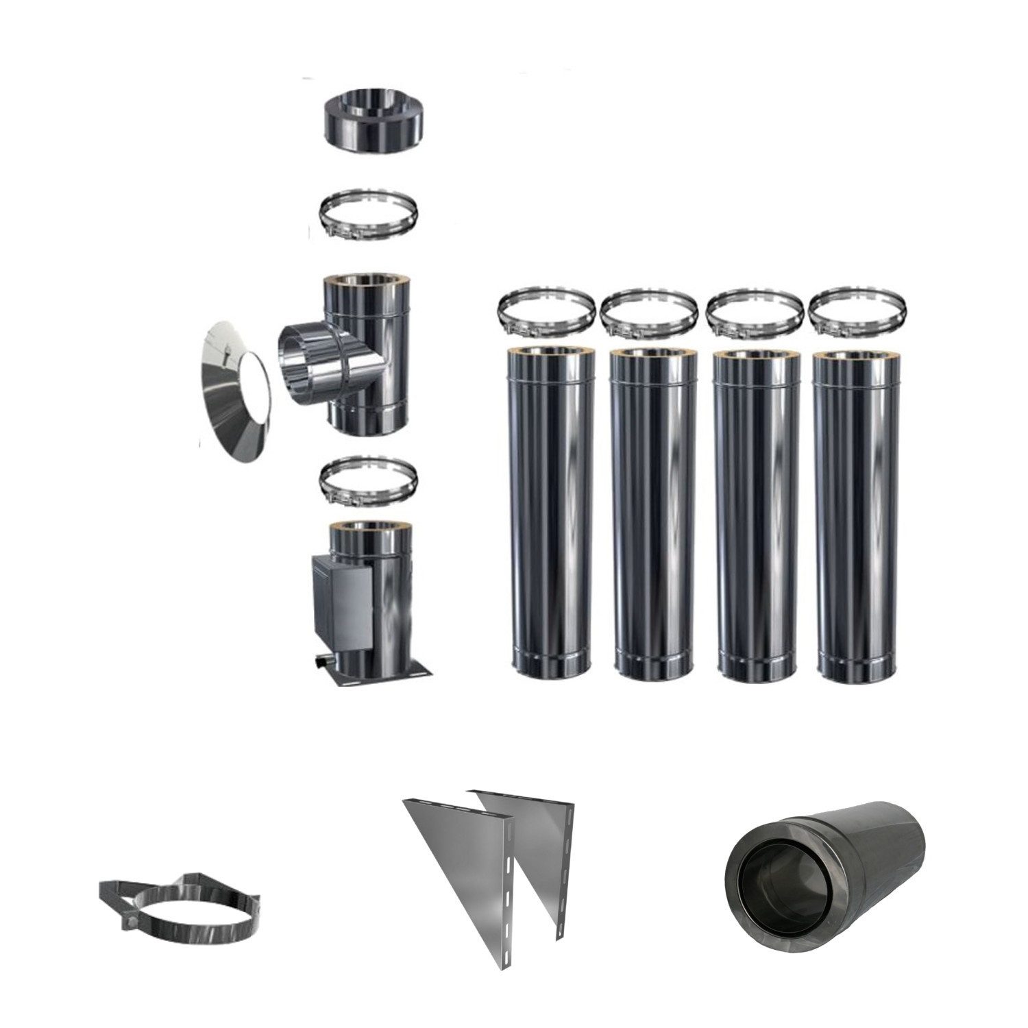 Schornstein-Zentrallager Schornstein Schornstein DW 150 Höhe 5,2 m Doppelw. Bausatz 330 mm 1m Wanddurchf., Ø 150.00 mm, Doppelwandig Komplett Set, 330 mm Wandabstand, 1m Wanddurchführung
