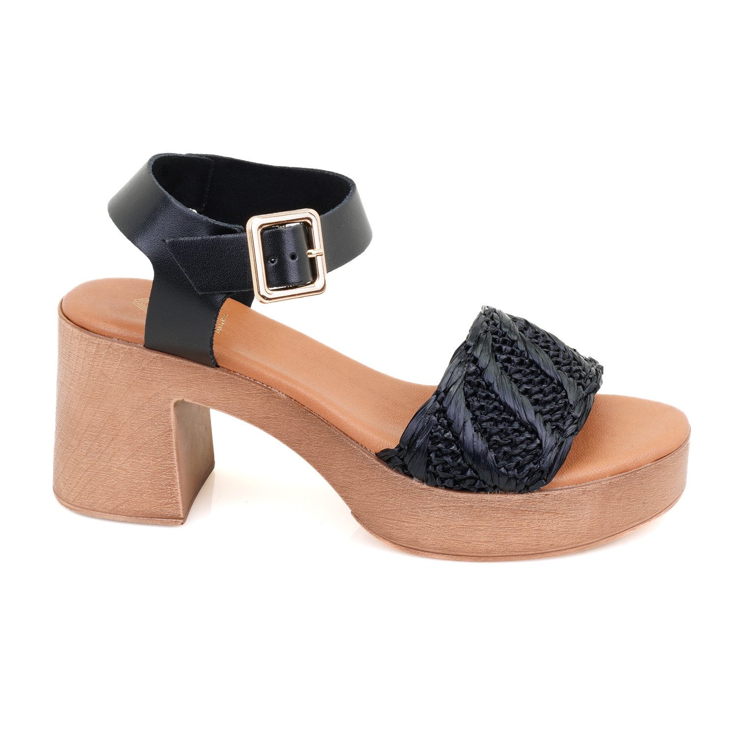 Damen-Sandalen mit hohem Absatz – Obermaterial aus Leder und Bast, Bl Slipper