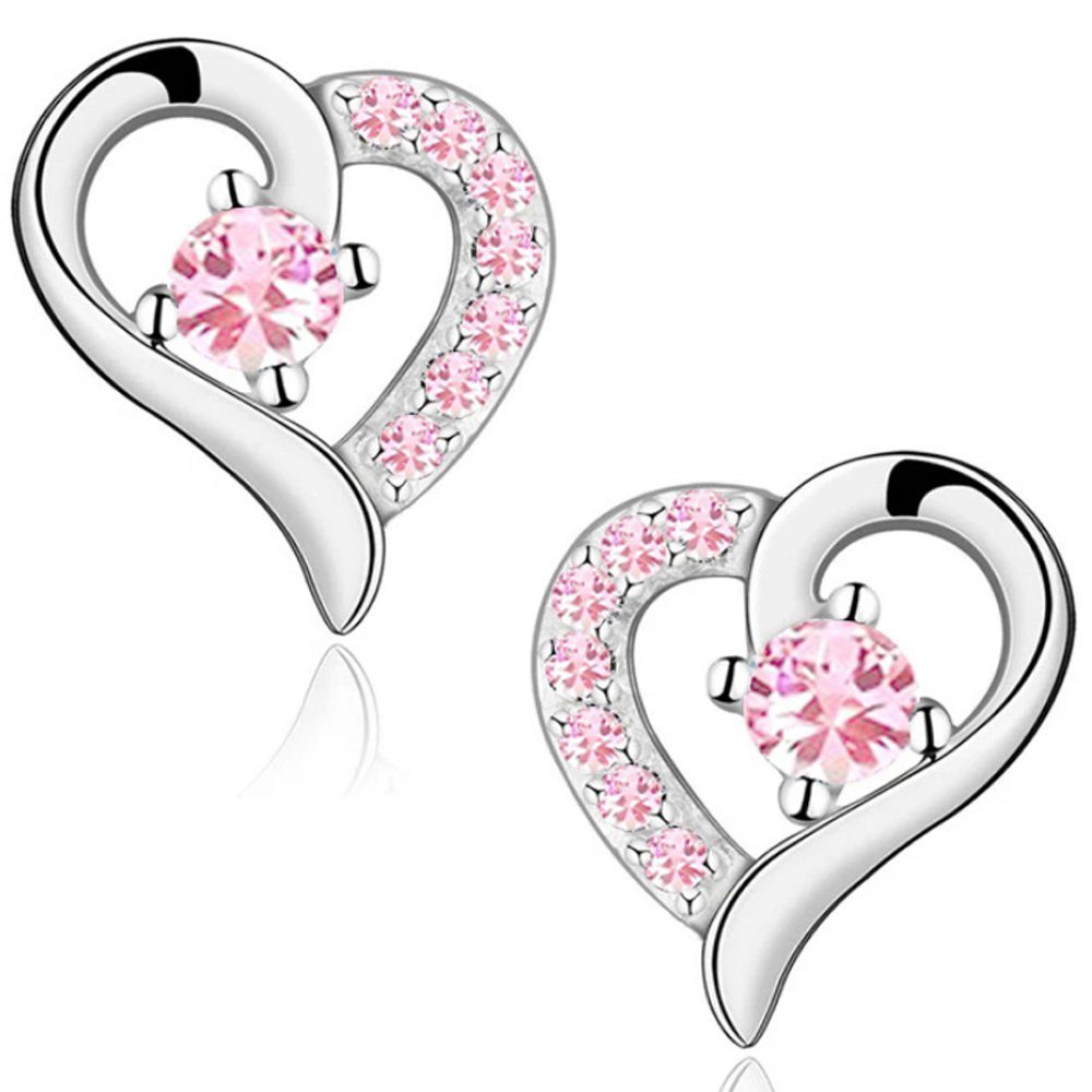 Limana Ohrstecker-Set Ohrringe aus echt Sterling-Silber Edelstahl, Silberschmuck Herz Glitzer rosa Zirkonia 925