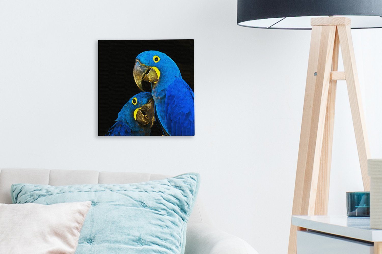 bunt Wohnzimmer Vogel Leinwandbild St), - Blau, OneMillionCanvasses® Federn Bilder Papagei - Schlafzimmer - Leinwand für (1