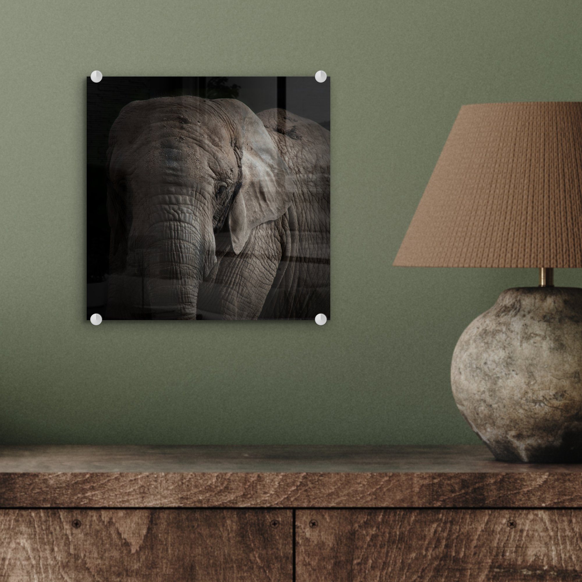 - auf Glasbilder - Bilder Glas Glas auf - Porträt (1 Wandbild MuchoWow St), - Tiere - - Foto Acrylglasbild Schwarz, Wanddekoration Elefant