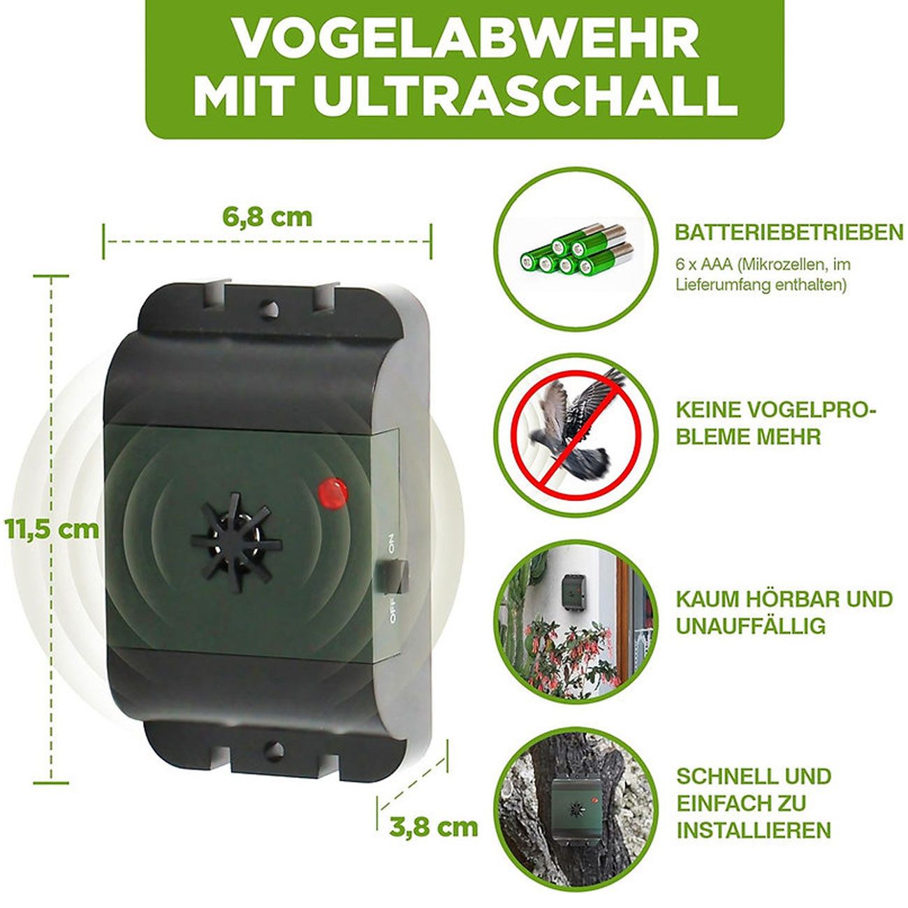 ISOTRONIC Ultraschall-Tierabwehr Mobiler Ultraschall Tauben- und Vogelvertreiber 40 m², 1-tlg., Erfassungsbereich von 40 m², kabellos & wetterfest