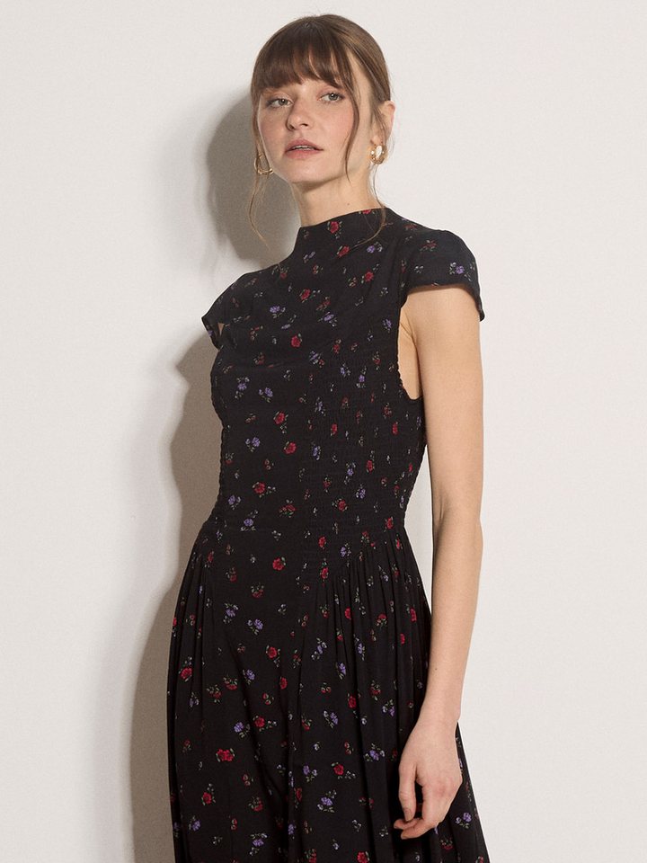 Apricot Minikleid Geblümtes kurzes Kleid mit Smokdetails