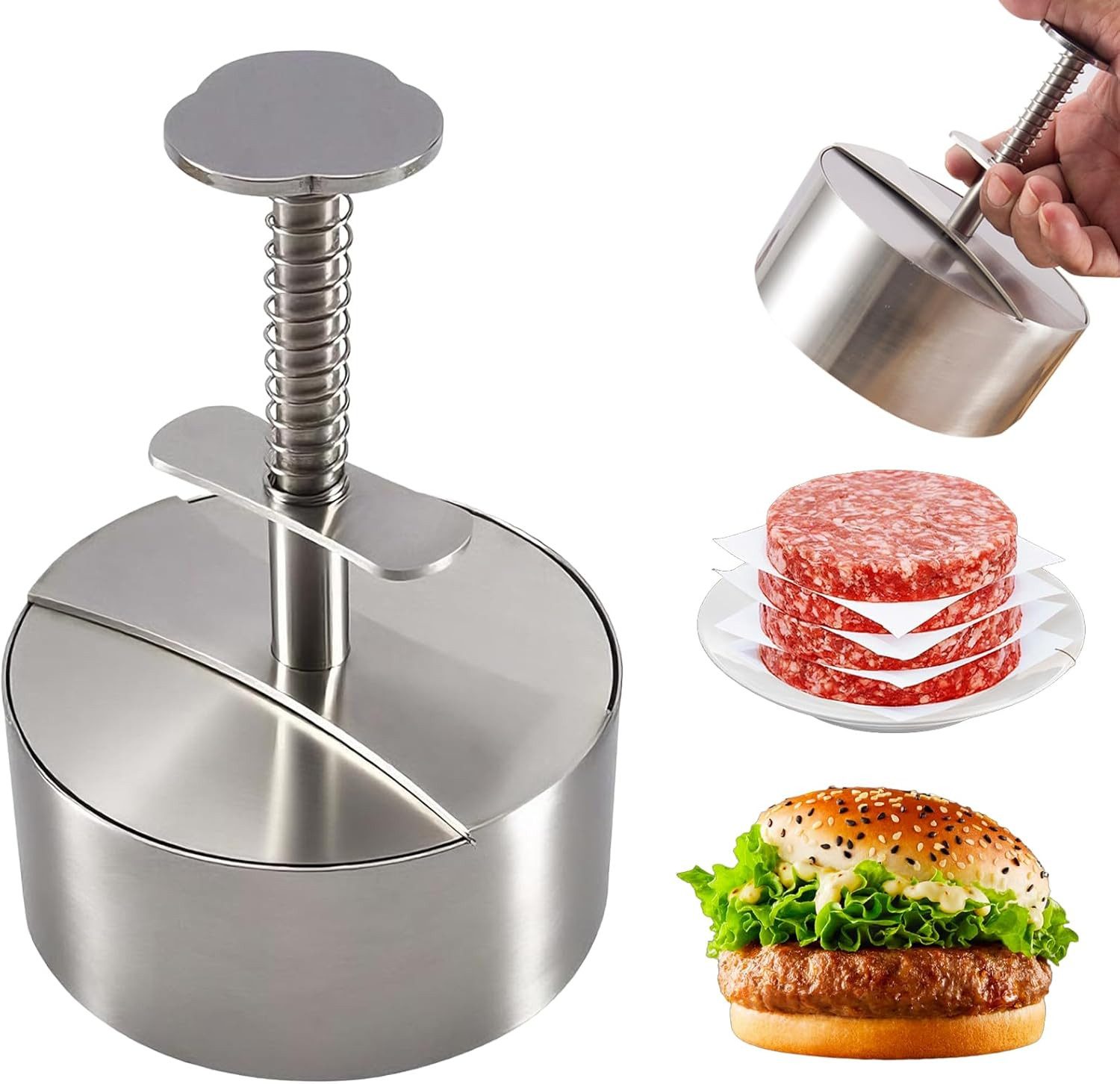 wohnTRAUM24 Burgerpresse Edelstahl Burger Presse, Verstellbarer Hamburger Patty Maker 12cm, Edelstahl, Robuste Antihaft-Patty-Form für Rindfleisch, Fleisch, BBQ, Partygrill
